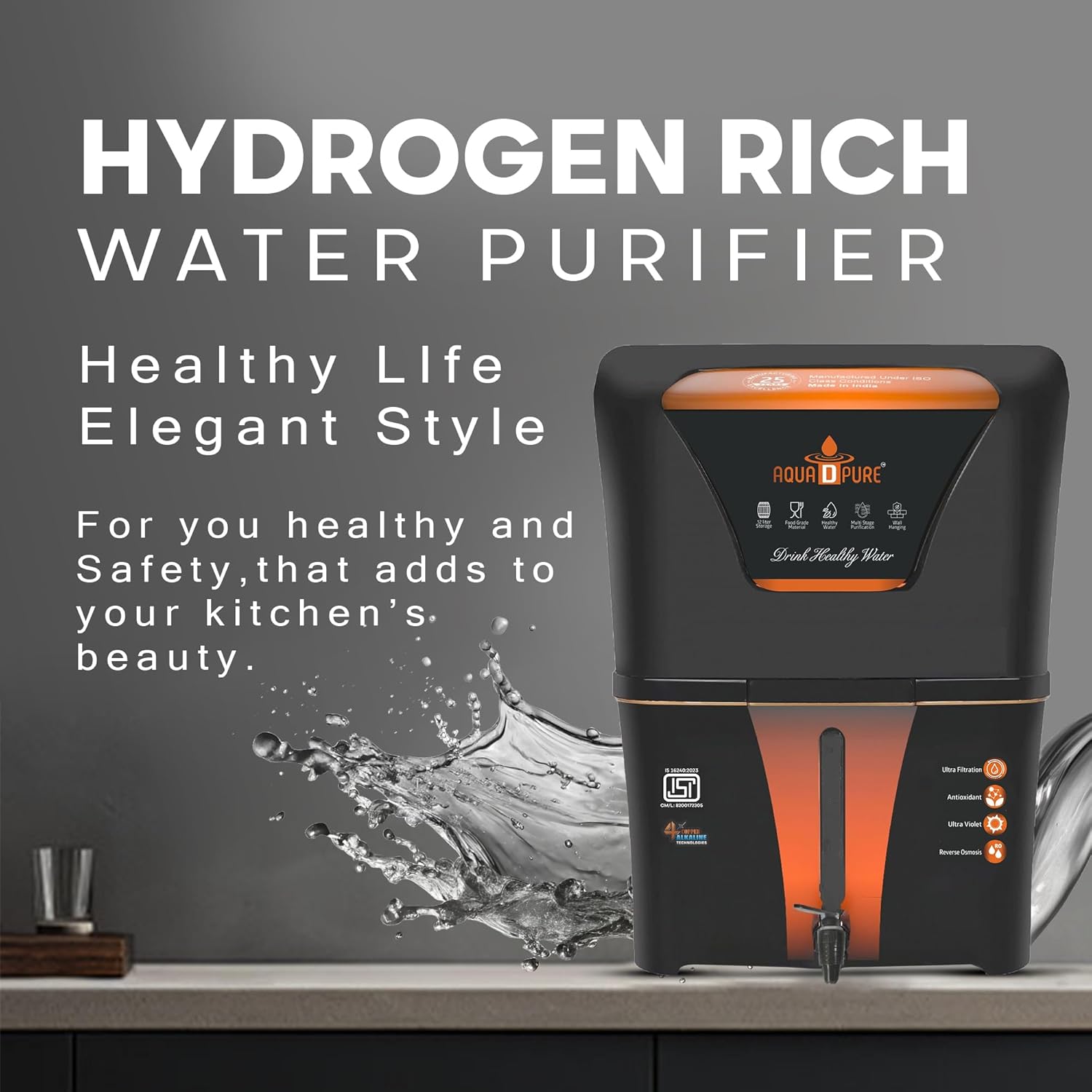 AQUA D PURE Copper + Alkaline RO Water Purifier 12L RO+UV+UF Copper+Bio-Alkaline +TDS Control+UV Purified Water with Goodness of RO Water Purifier, Black