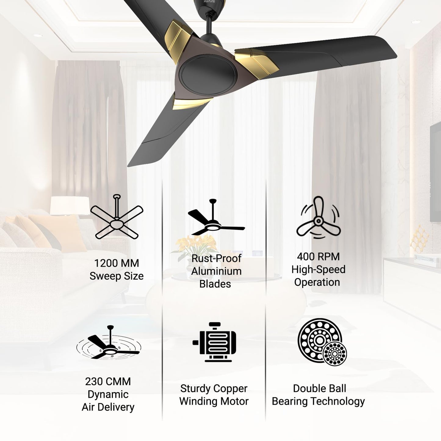 Polycab Aereo Plus Star Rated, 1200mm Ceiling Fan For Home | High Speed & Air Delivery | Saves Up To 33% Electricity, 100% Copper, Rust-Proof Blades, 52 Watt【Matt Black Choclate Gold】