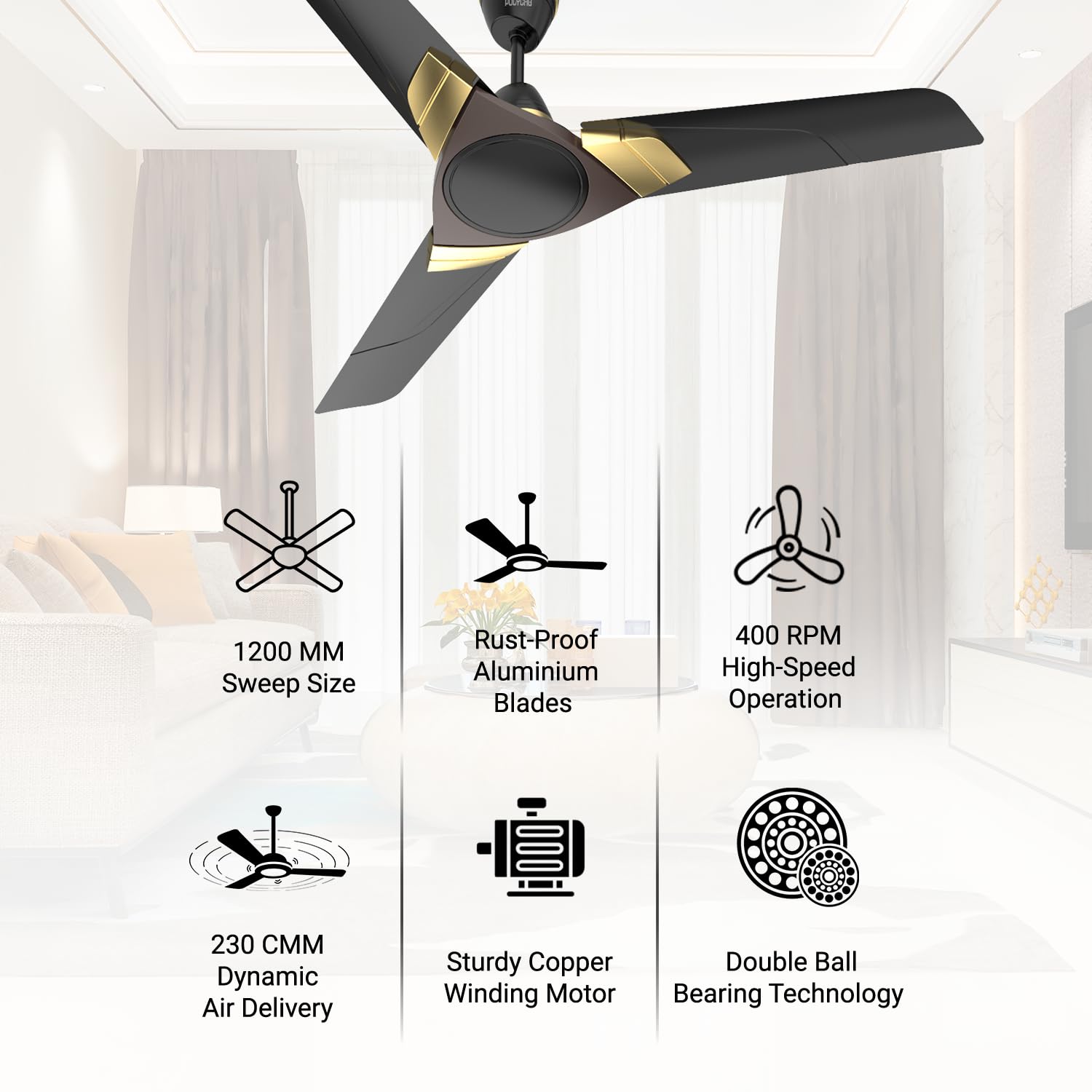Polycab Aereo Plus Star Rated, 1200mm Ceiling Fan For Home | High Speed & Air Delivery | Saves Up To 33% Electricity, 100% Copper, Rust-Proof Blades, 52 Watt【Matt Black Choclate Gold】