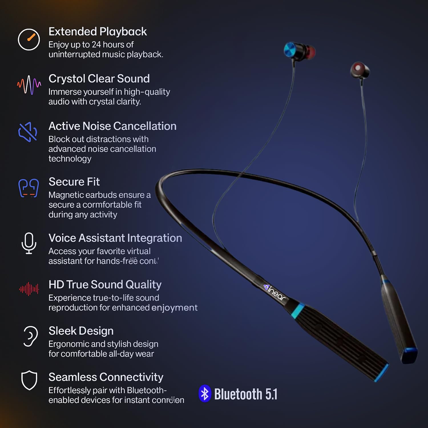InEar MJ-Beat Bluetooth Wireless Neckband Earphones with Mic – Active Noise Cancellation, 24-Hour Music Playback, Type-C Fast Charging, Magnetic Earbuds, Lightweight Design, HD Sound | Blue