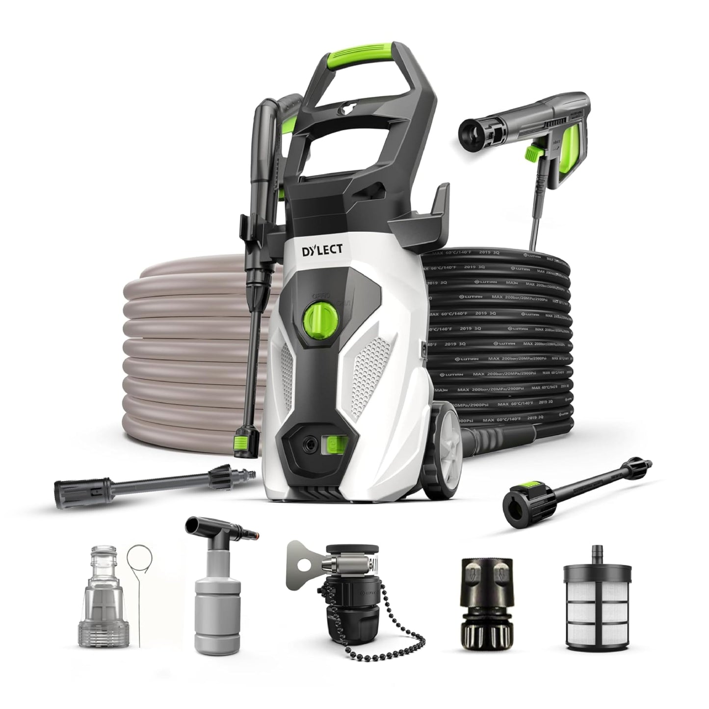 DYLECT Ultra Flow Plus High Pressure Car Washer Pump, 1900 Watts Power Motor, 130 Bars Pressure, 6.5L/Min Flow Rate, 5m Outlet Hose, Upright Design for Bike, Home Cleaning, Includes 11 Accessories