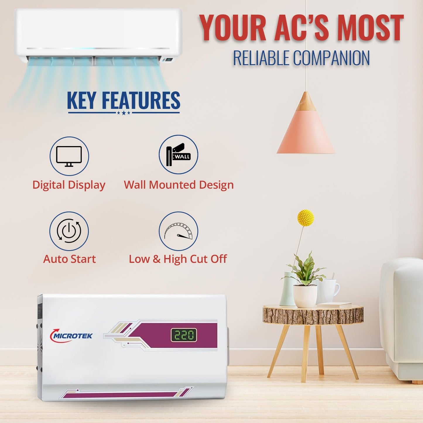 Microtek Pearl EM 4160+ Digital Display Wall Mounted Automatic Voltage Stabilizer Upto 1.5 Ton AC Air Conditioner Working Power 160V - 285±5V with 3 Year Warranty