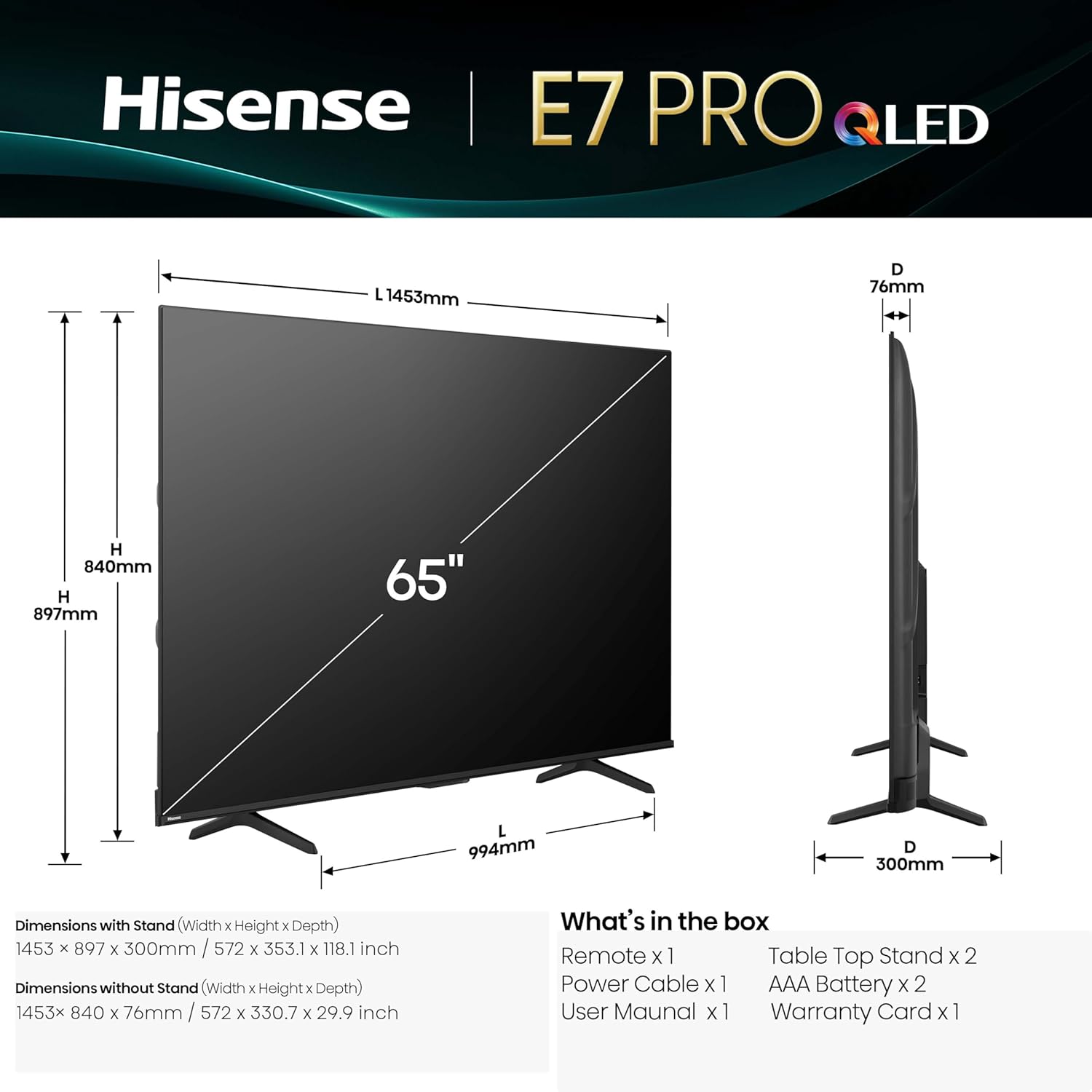 Hisense 164 cm (65 inches) E7Q PRO Series 4K Ultra HD Smart QLED TV 65E7Q PRO