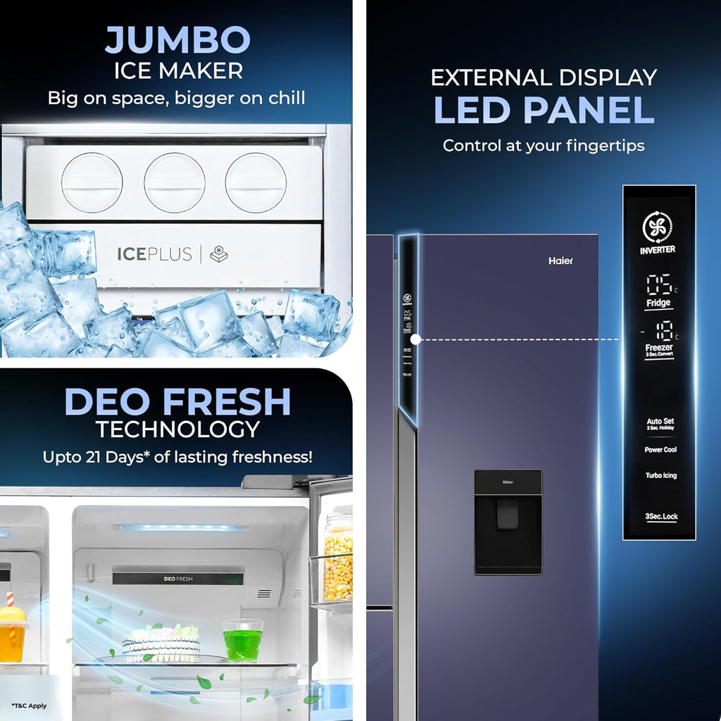 Haier 592L 3Star 3-Door Water Dispenser Side by Side Frost Free Refrigerator|Convertible|Smart Sense AI|Inverter|Digital Display Panel|Deo Fresh Technology (2025 Model, HRT-683WGKU1, Graphite Black)