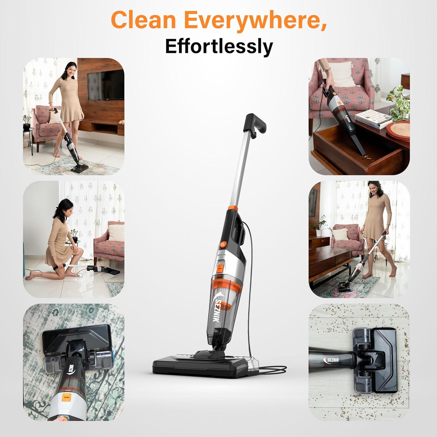 SEZNIK Vacuum Cleaner for Home Use Wet and Dry | Turbo Sweep 3-in-1 Handheld Vacuum Cleaners | Corded, 600W, 20kpa Suction | 200ml Water Tank | Vacuum & Mopping (SZ-V07)