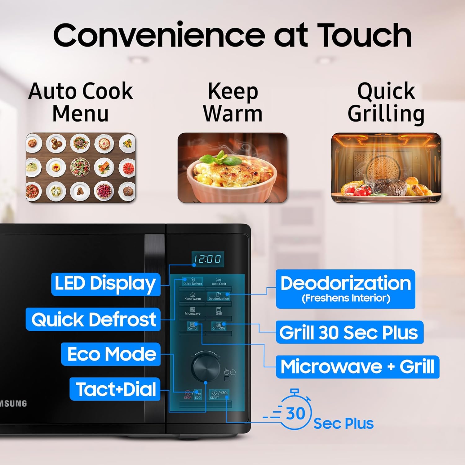 Samsung 23 L Grill Microwave Oven (MG23A3515AK/TL, Black, Various Auto Cook Programs, Keep Warm, Quick Defrost, LED Display, Ceramic Enamel Cavity, Wire Rack with 10 year warranty)