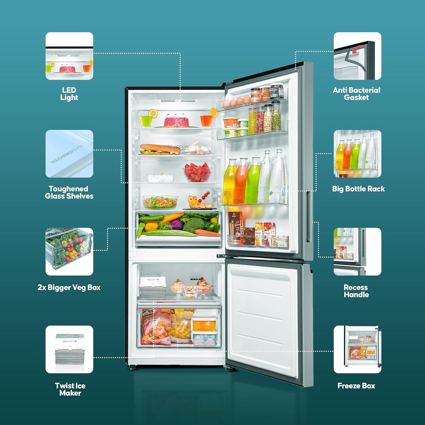 Haier 355 L 3 Star Frost Free Bottom Mount Double Door Refrigerator|Convertible 14-in-1|Jhukna Mat-Bottom Freezer|Digital Display Panel|Triple Inverter|Twist Ice Maker (HEB-363TS-P, Inox Steel)