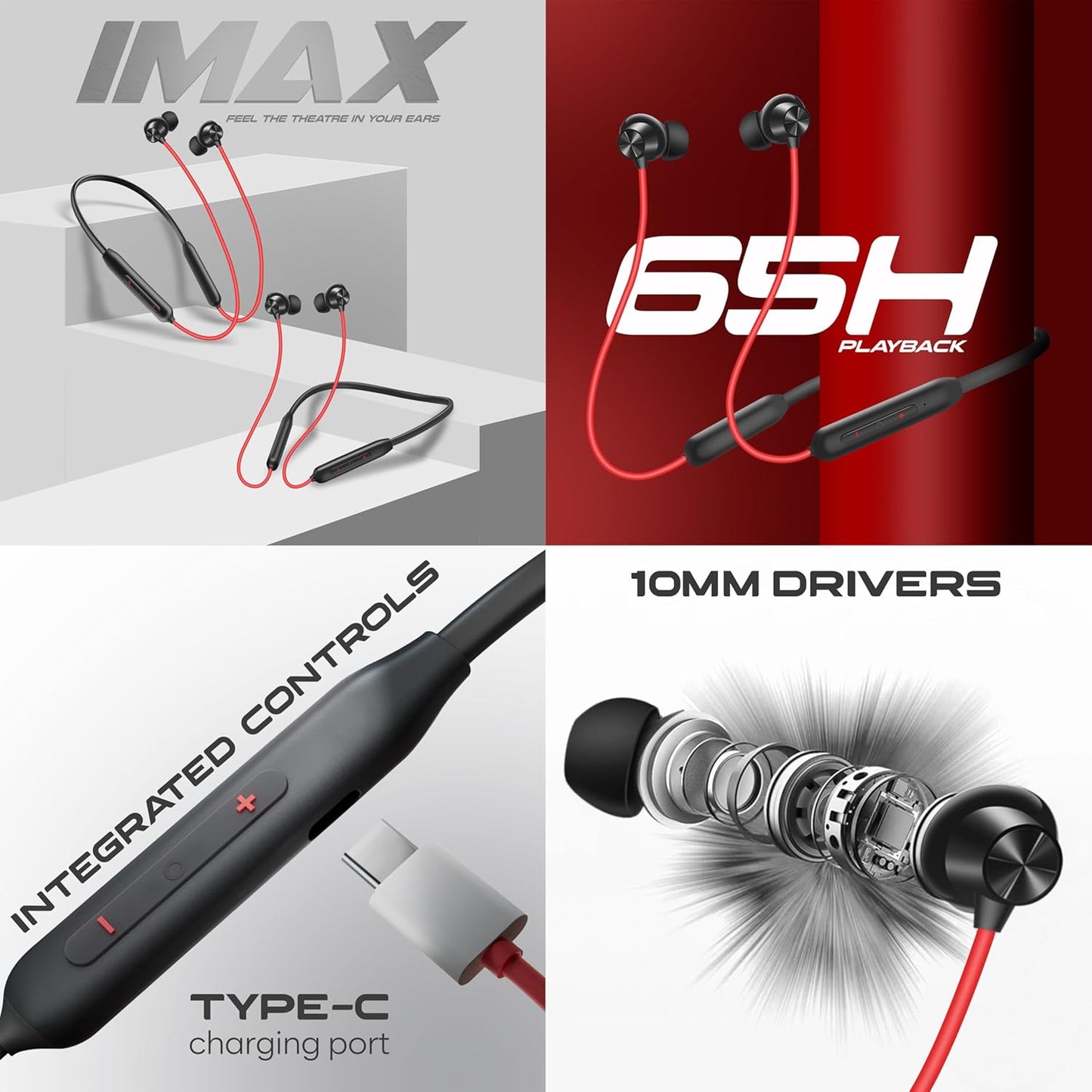 SIGNATIZE Bluetooth Earphone in Ear Wireless Neckband, with Mic,Up to 65 Hours Playtime, Magnetic Earbuds, Lightweight v5.3 Bluetooth Headset for Running, Gyming & Travelling (Red)