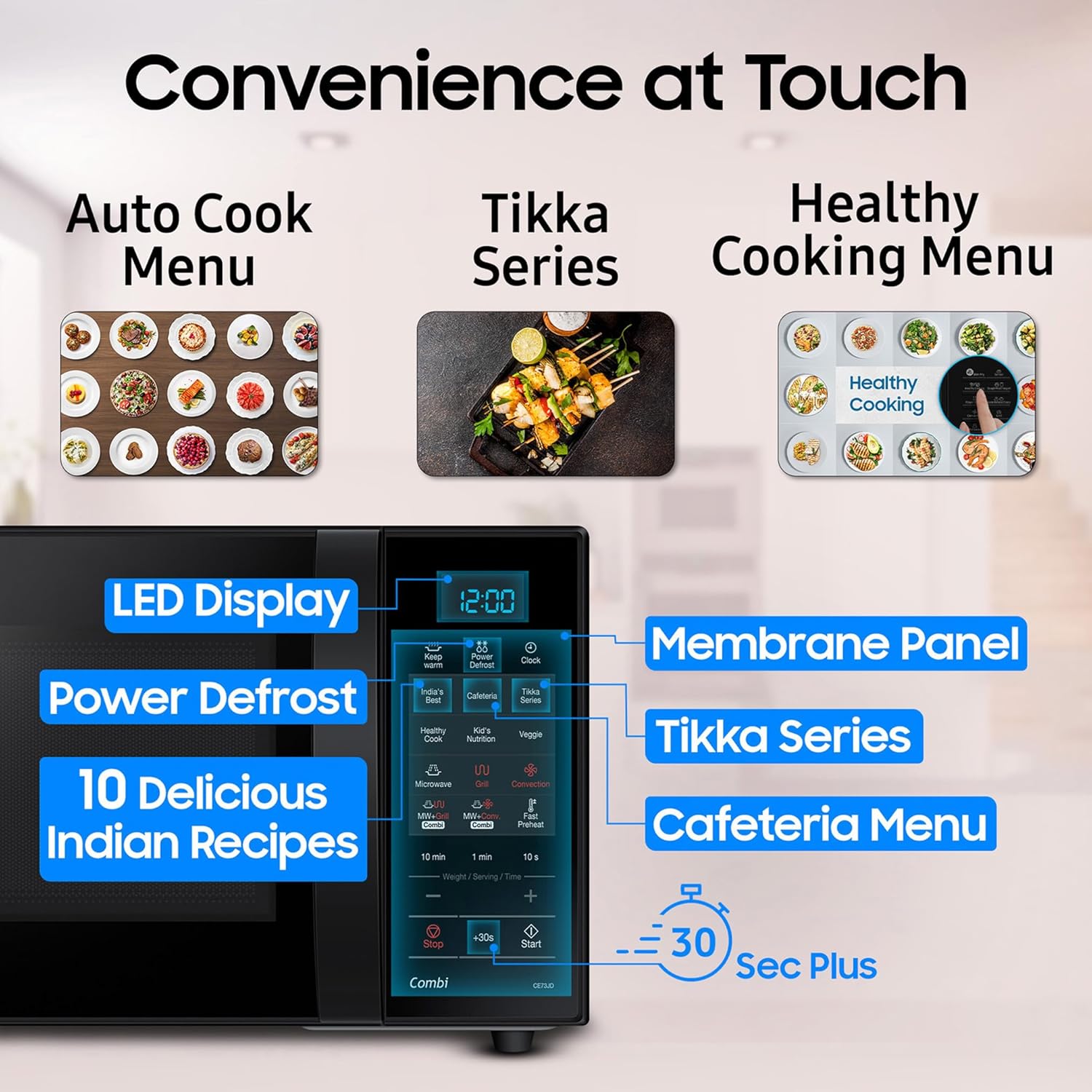 Samsung 21 L, Convection Microwave Oven (CE73JD-B1/XTL, Black, Various Cooking Modes, Pre heat, Eco Mode, Power Defrost, Auto Cook, Wire Rack, Ceramic Enamel Cavity with 10 year warranty)