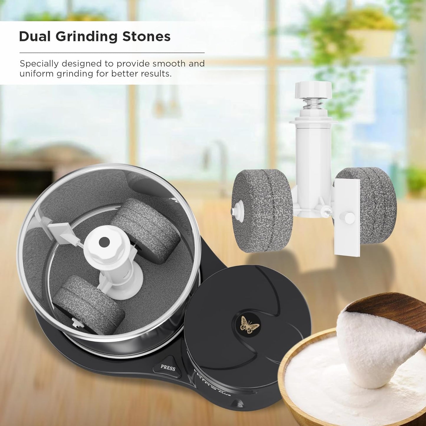 Butterfly Rhino Plus 2 Litres Table-Top Wet Grinder | 150 Watts | Shockproof ABS Body | Coconut Scrapper Attachment | Dough Kneader | Stainless Steel Drum | 2 Years Manufacturer's Warranty | Grey