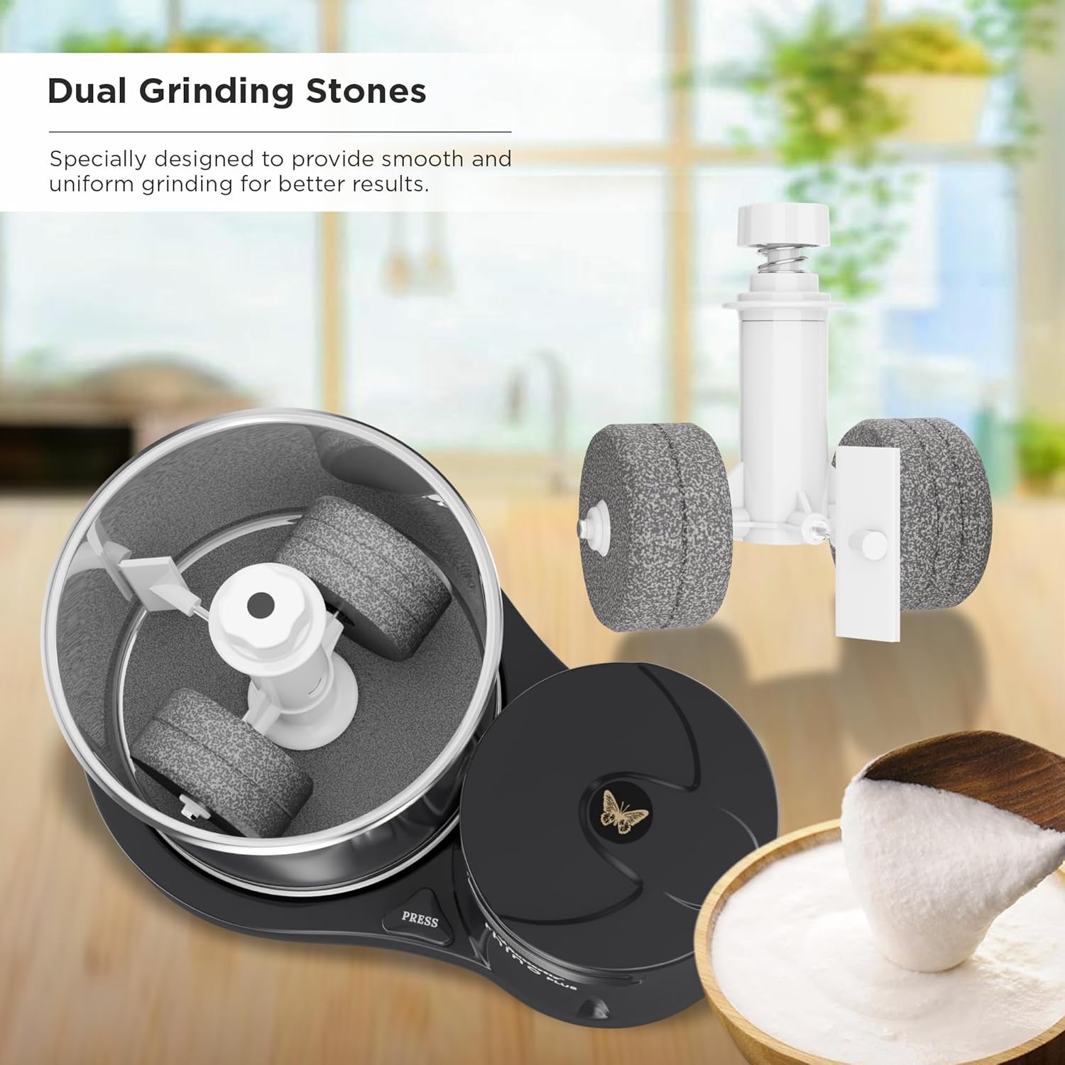 Butterfly Rhino Plus 2 Litres Table-Top Wet Grinder | 150 Watts | Shockproof ABS Body | Coconut Scrapper Attachment | Dough Kneader | Stainless Steel Drum | 2 Years Manufacturer's Warranty | Grey