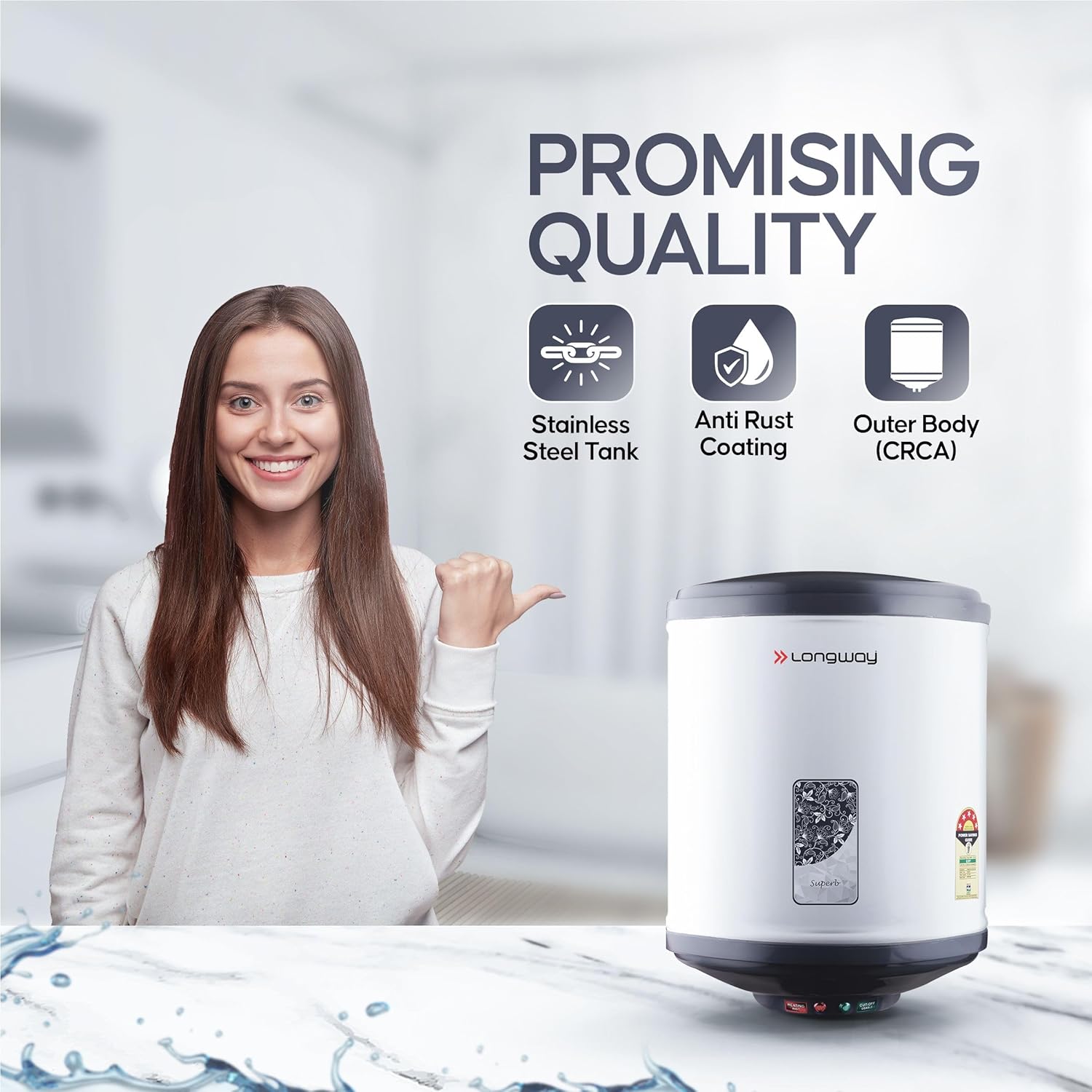 Longway Superb 10 Liters 5 Star Rated Automatic Instant Water Heater for Home | Water Geyser | Electric Geyser with Multiple Safety System & Anti-Rust Coating | 5 Years Warranty on Tank | Gray