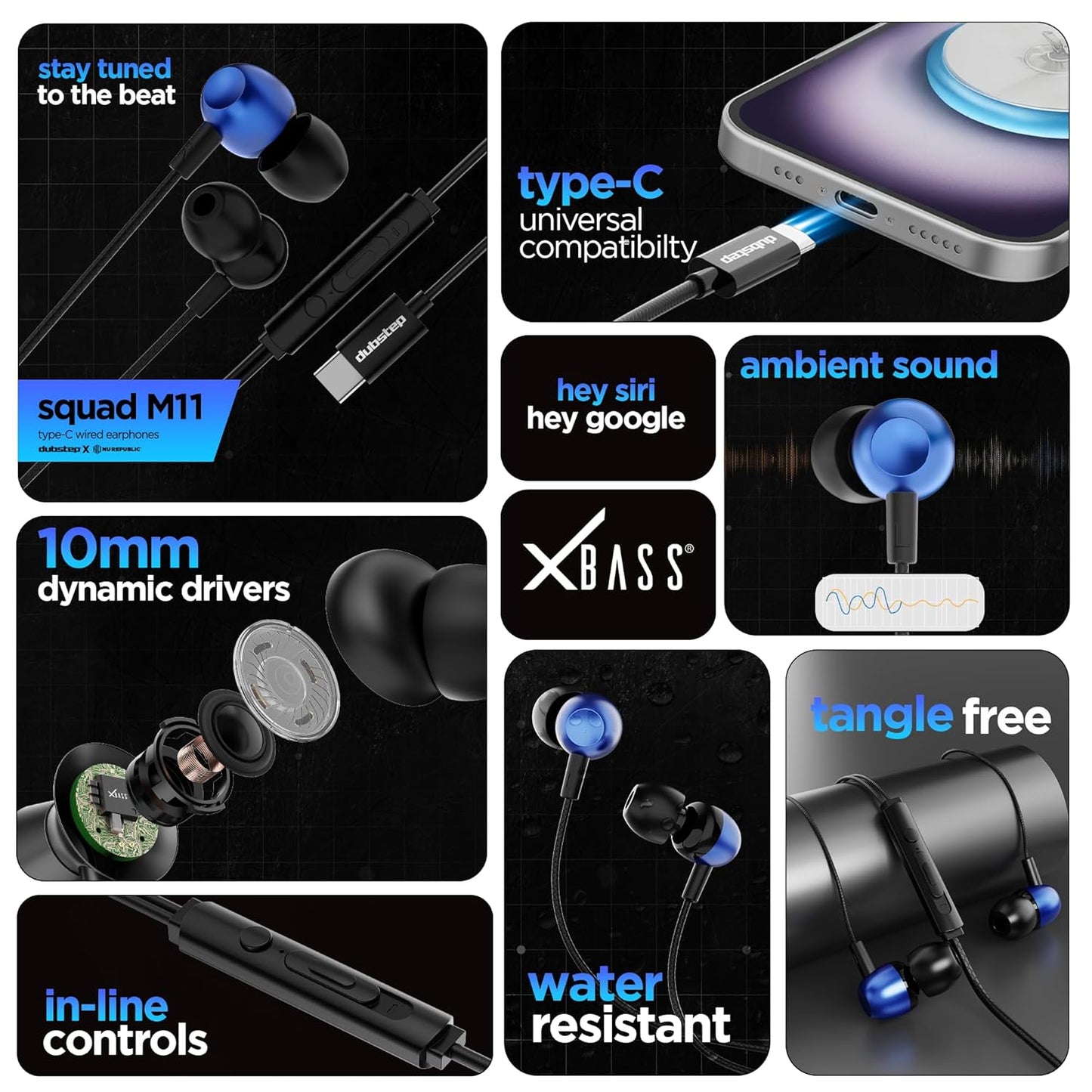 Dubstep Squad M11 with X-Bass Technology, 10mm Dynamic Drivers, Inline Control, Type-C Earphones with Mic (Blue & Black)