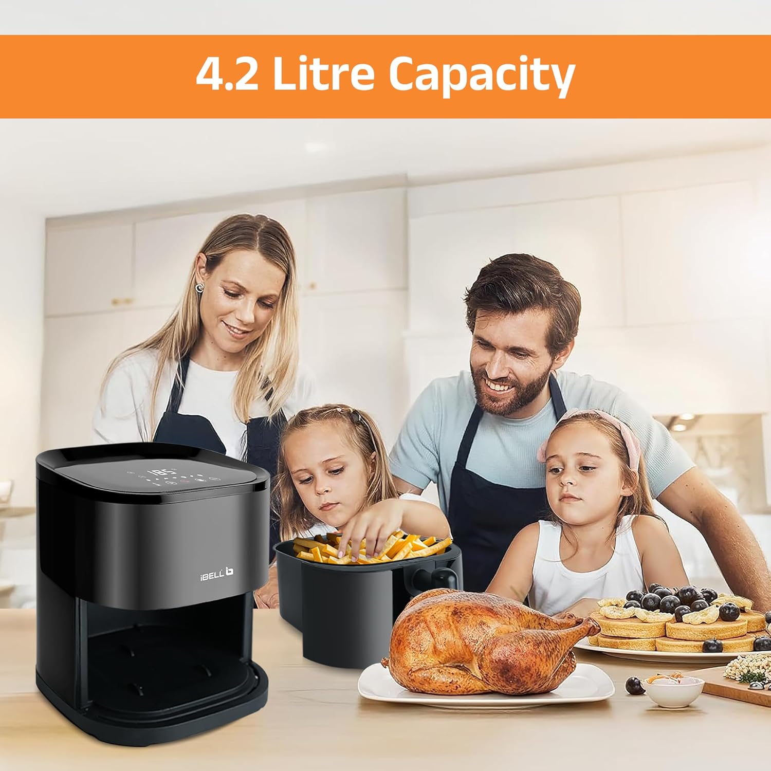 iBELL AEROFRY420DM Air Fryer 4.2 Litre - 1500W with Multiple Cooking Options, Dishwasher Safe, Non-stick Coating & Adjustable Temperature Control (Black)