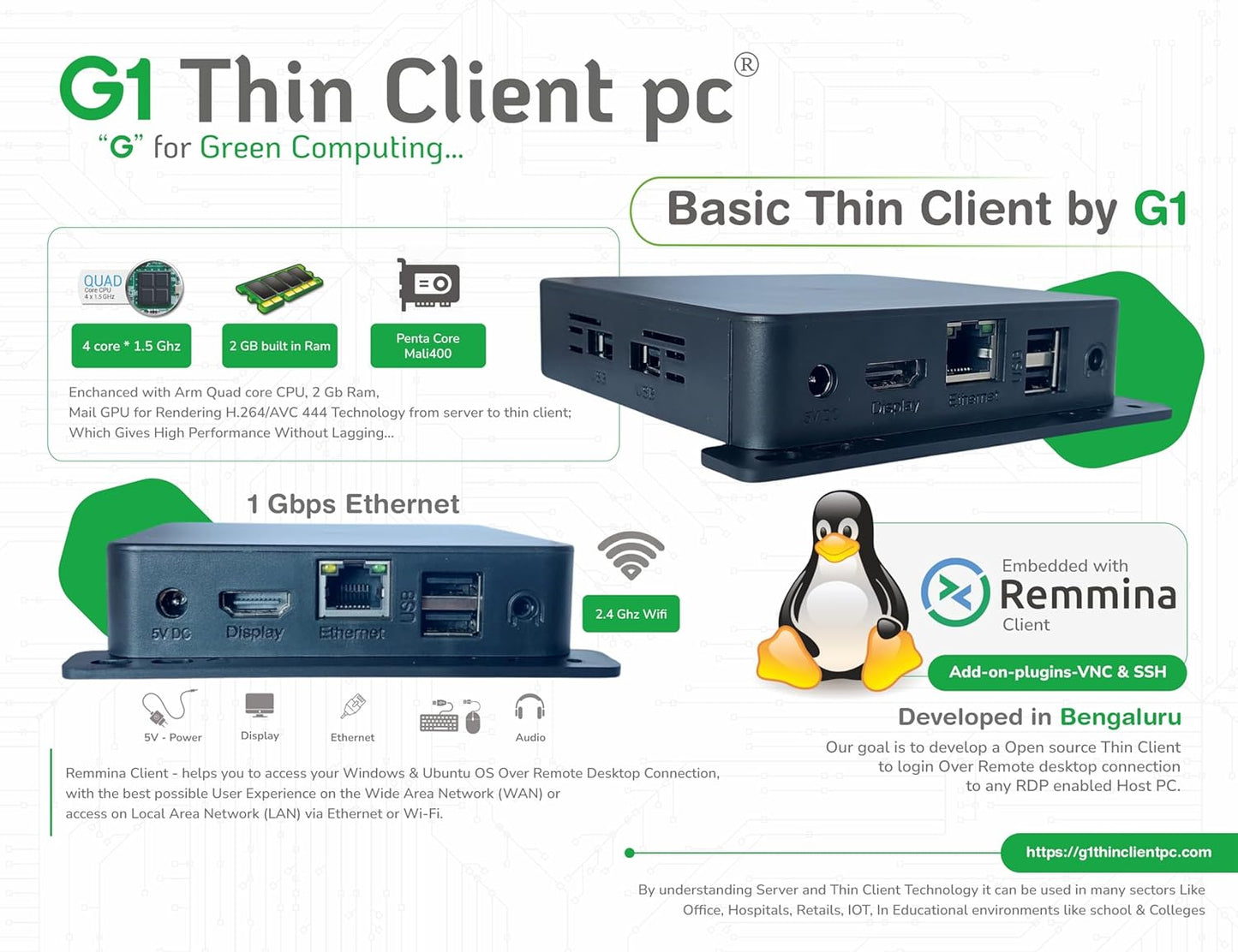 G1 Thin Pcs | Integrated With Remmina Client | Vnc Viewer | Ssh | Wifi Thin Client | Quad Core Cpu, 2 Gb Ram| Connect To Windows, Ubuntu, Centos Over Rdp - Black, Amd