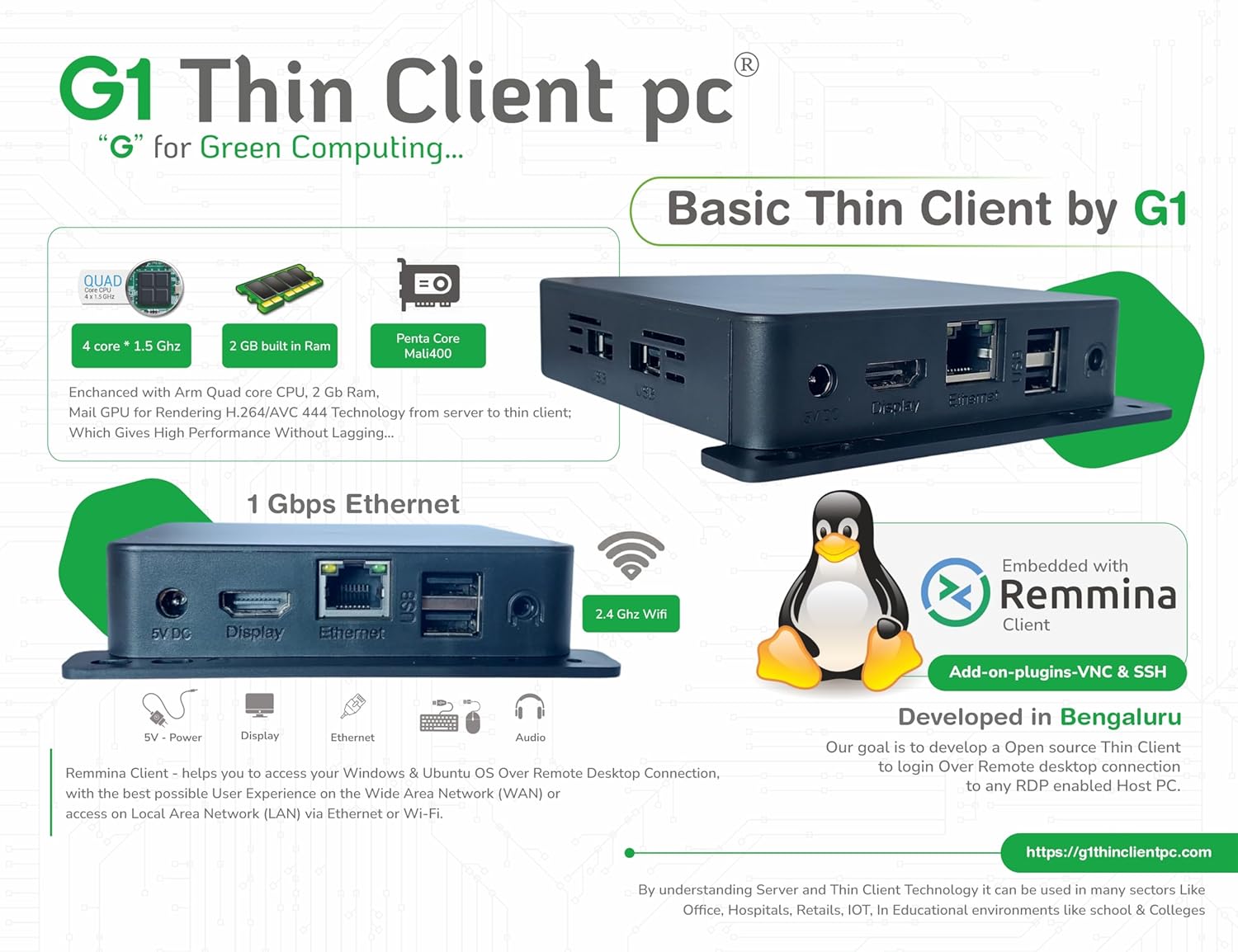 G1 Thin Pcs | Integrated With Remmina Client | Vnc Viewer | Ssh | Wifi Thin Client | Quad Core Cpu, 2 Gb Ram| Connect To Windows, Ubuntu, Centos Over Rdp - Black, Amd
