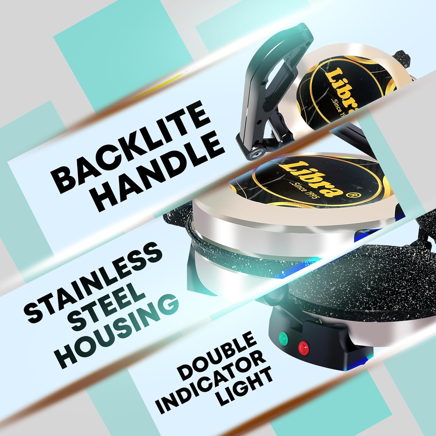 Libra Roti Maker Machine - Electric Roti Maker with Non-Stick 8.5inch Plates and Durable Handle, Auto Temperature Control Chapati Maker Machine with Indicator Lights, 950 Watts, Silver