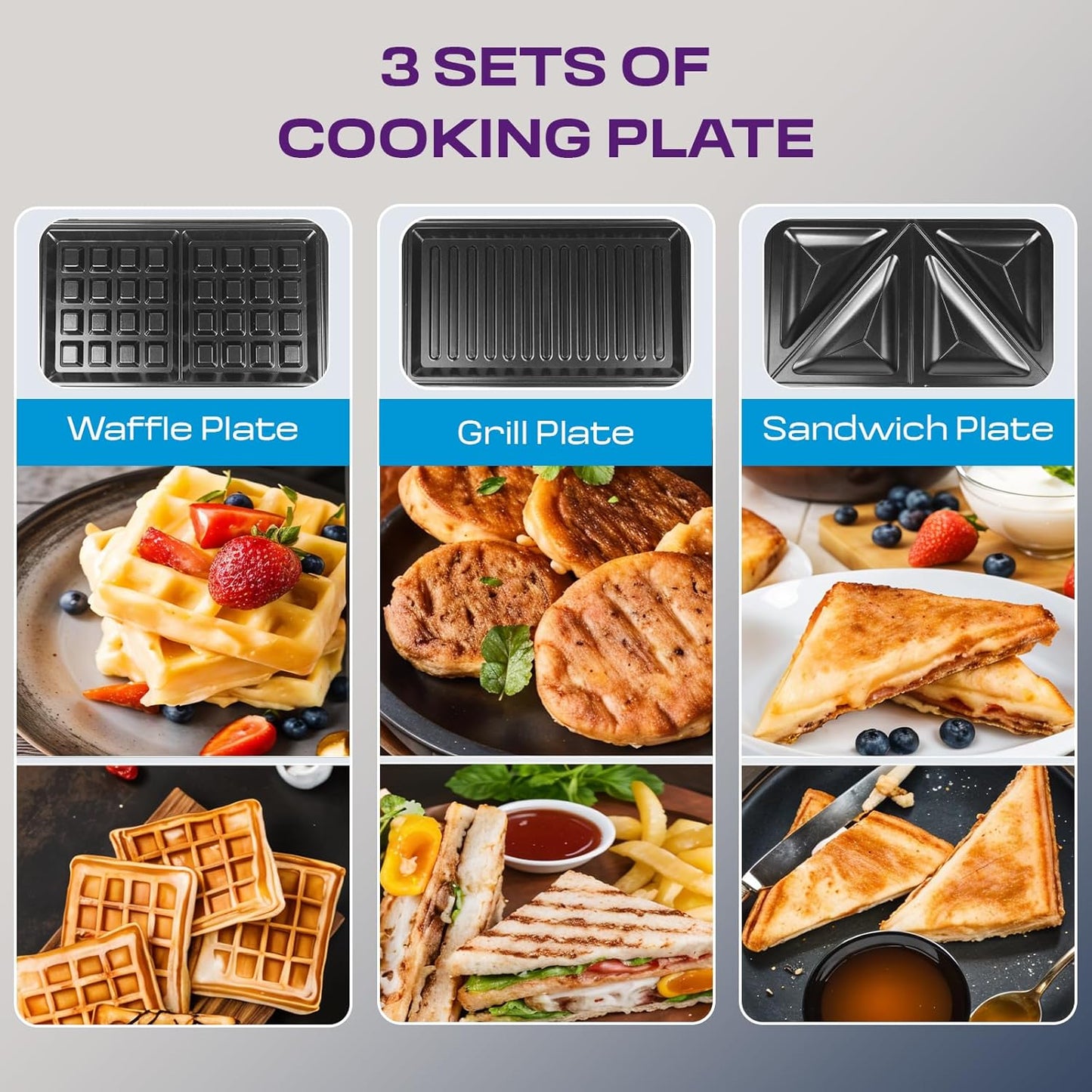 MILTON 850W Royal X 3 in 1 Electric Detachable Sandwich Maker, Bread Toaster, Panini Press Grill, Waffle Set with Removable Non-Stick Plates, Power Indicators | 1 Year Warranty, Black