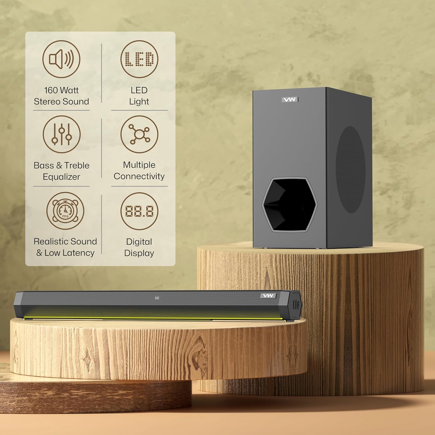 VW Hunter Bar | 160W Soundbar | 2.1 Channel Home Theatre | Deep Bass from 6.5” Subwoofer | Multiple Connectivity | 4 EQ Modes | Sleek Remote & LED Light (Black)