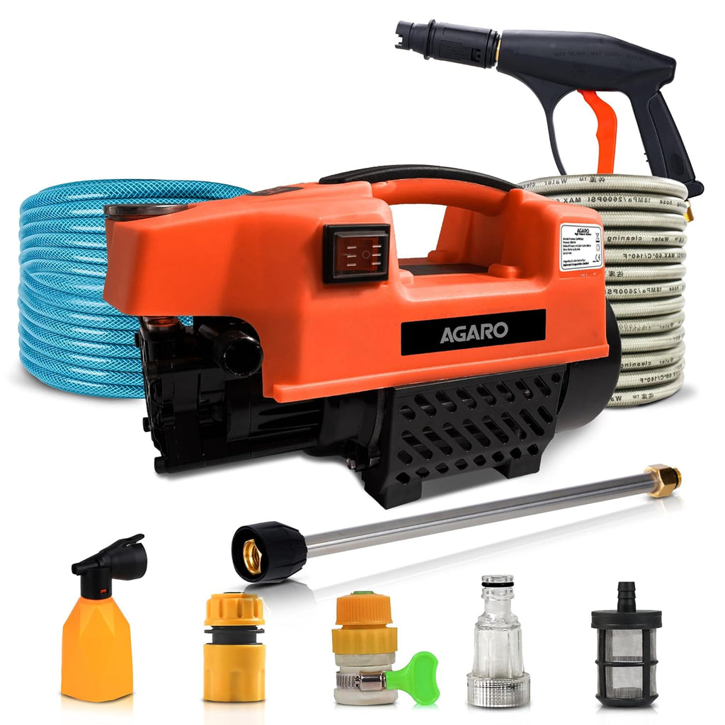 AGARO Supreme High Pressure Washer, Car Washer, 1800 Watts Motor, 120 Bars, 6.5L/Min Flow Rate, 8 Meters Outlet Hose, Portable, Car, Bike & Home Cleaning, Black and Orange
