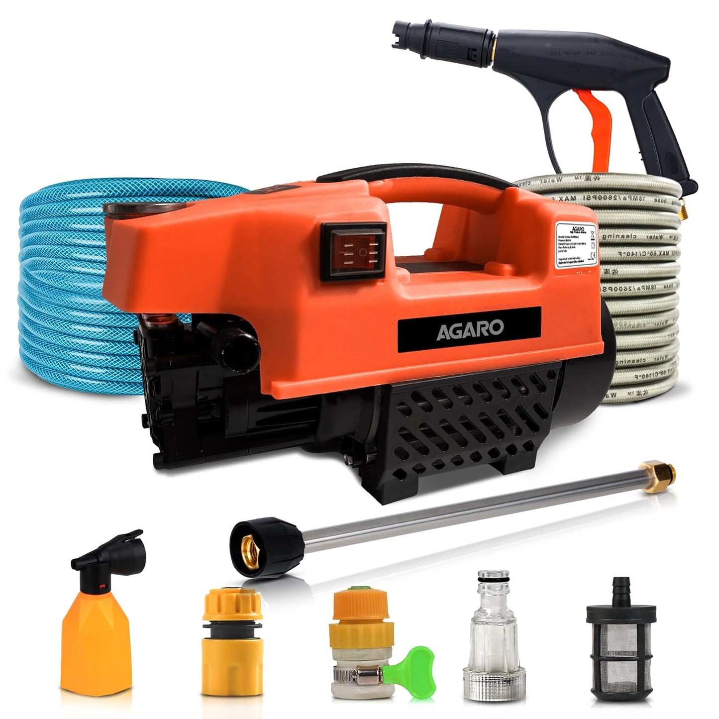 AGARO Supreme High Pressure Washer, Car Washer, 1800 Watts Motor, 120 Bars, 6.5L/Min Flow Rate, 8 Meters Outlet Hose, Portable, Car, Bike & Home Cleaning, Black and Orange