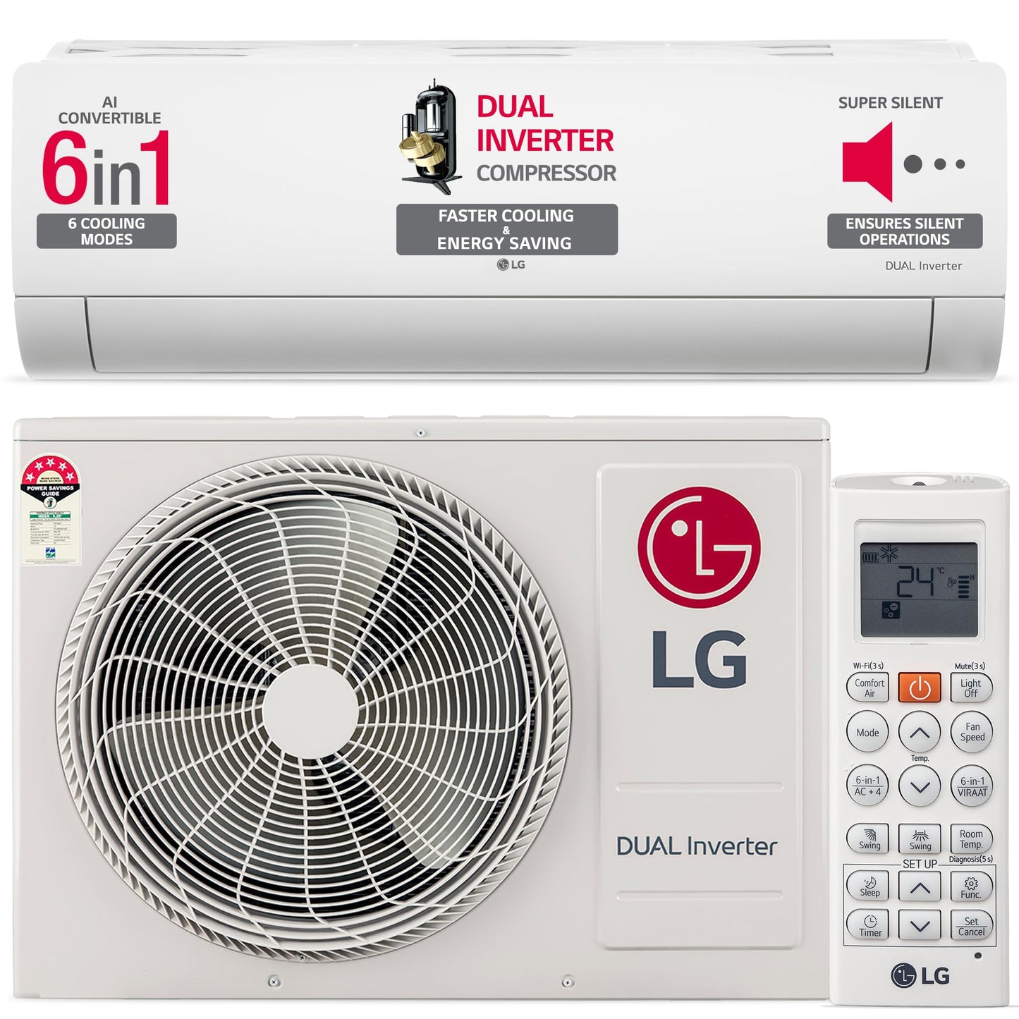 LG 1.5 Ton 5 Star DUAL Inverter Split AC (Copper, AI Convertible 6-in-1, VIRAAT Mode, Faster Cooling & Energy Saving, 4 Way Swing, HD Filter with Anti-Virus Protection, US-Q19YNZE, White)