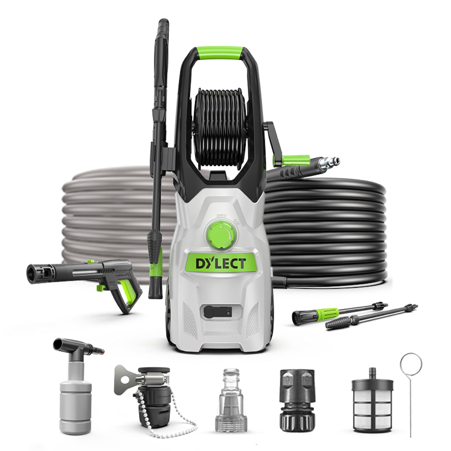 DYLECT Ultra Flow Plus High Pressure Car Washer Pump, 1900 Watts Power Motor, 130 Bars Pressure, 6.5L/Min Flow Rate, 5m Outlet Hose, Upright Design for Bike, Home Cleaning, Includes 11 Accessories