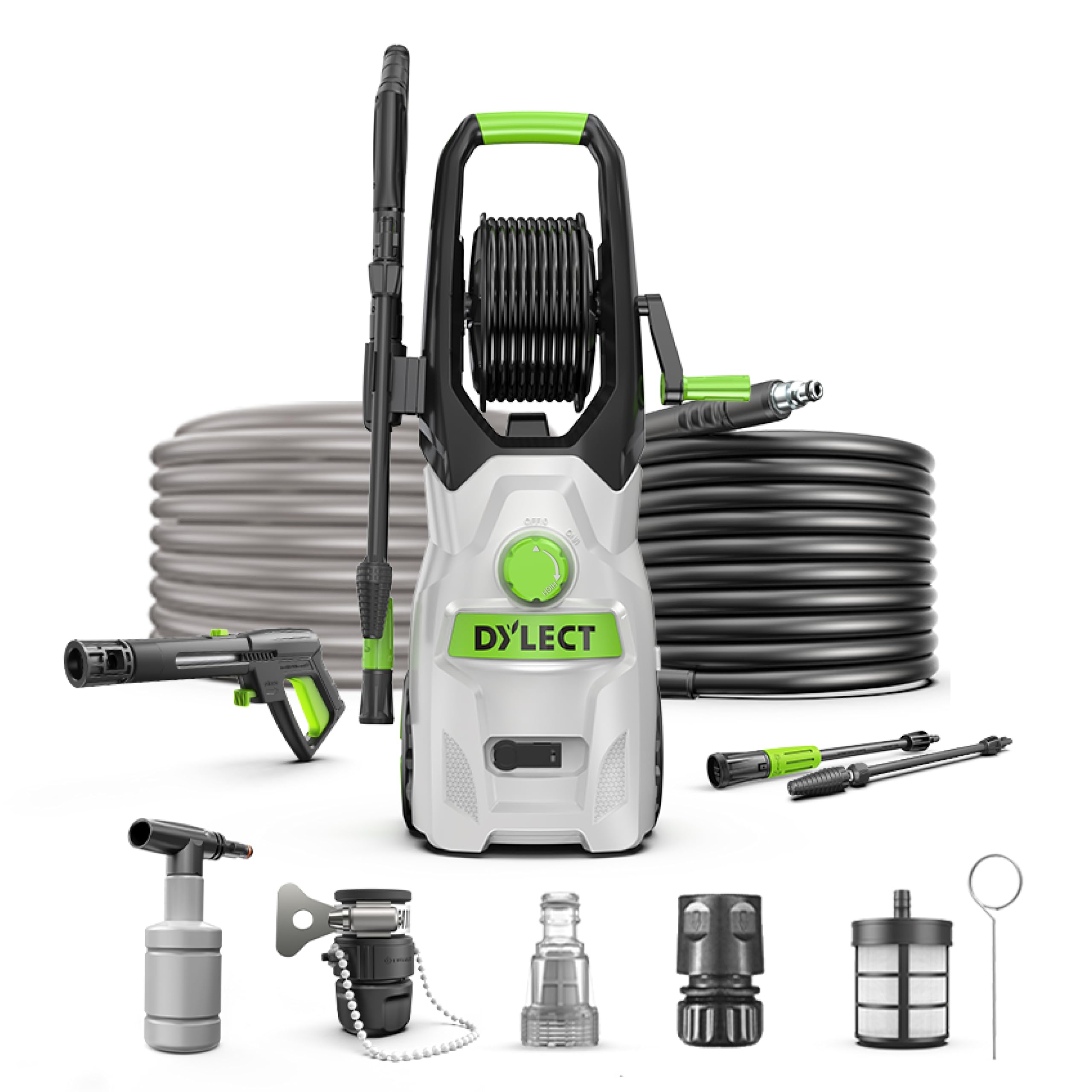 DYLECT Ultra Flow Plus High Pressure Car Washer Pump, 1900 Watts Power Motor, 130 Bars Pressure, 6.5L/Min Flow Rate, 5m Outlet Hose, Upright Design for Bike, Home Cleaning, Includes 11 Accessories