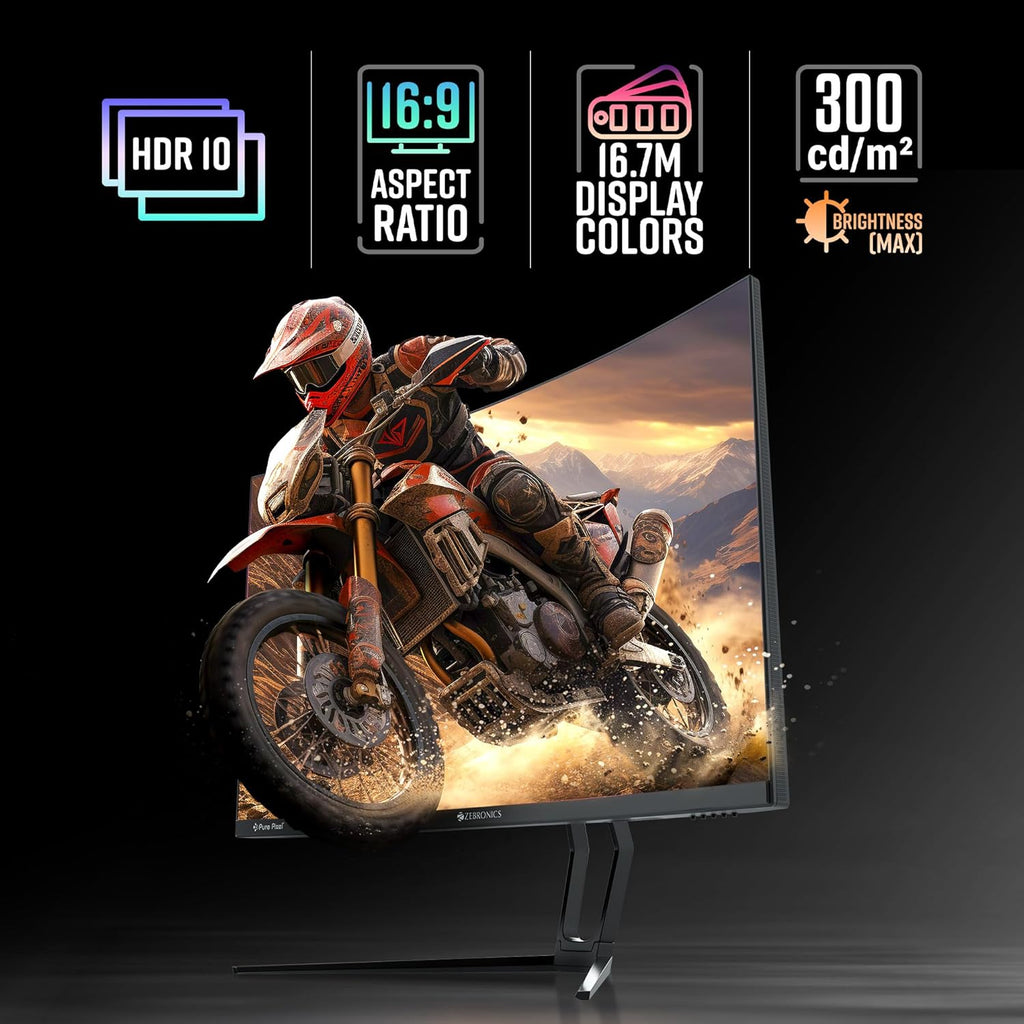 ZEBRONICS N32A 32"(80 cm) 1500R Curved Gaming Monitor, QHD 2560x1440, Antiglare, 300Nits, 180Hz, 1ms MPRT, HDR10, 99% sRGB | 92% DCI-P3, Adaptive Sync, 2 x DP | 2 x HDMI | 1 x 3.5mm