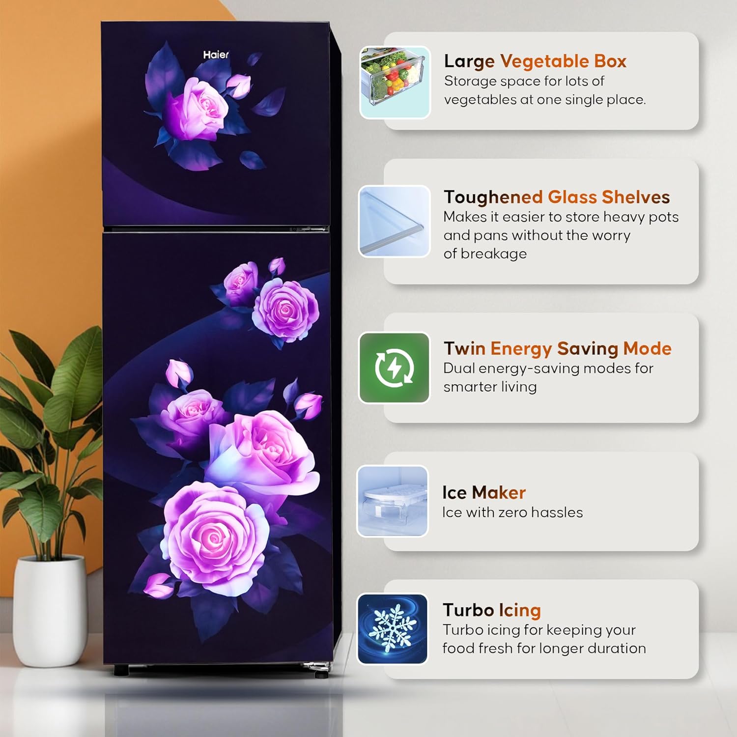 Haier 240L 2 Star Frost Free Top Mount Double Door Refrigerator|Cool Pad|200% Faster Ice Making in 49 Minutes (HEF-252EMR-P, Marine Rose)