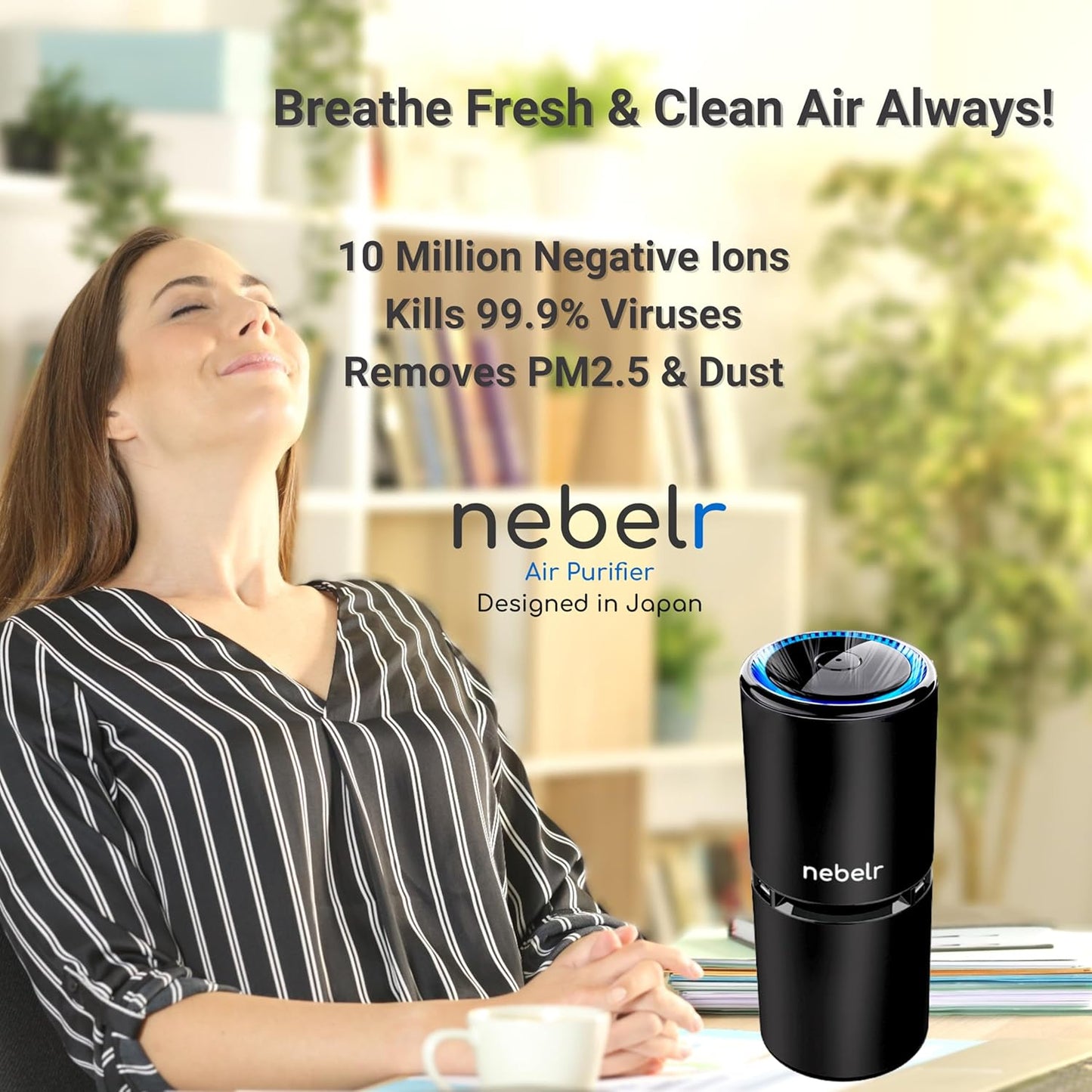 Nebelr Car Air Purifier Ionizer - Premium - Zero Filter - Alluminium - 10 Million Negative Ions - Kills 99.9% Viruses - Removes Dust - Portable - Designed in Japan - 2025 - USB C - with Car Charger