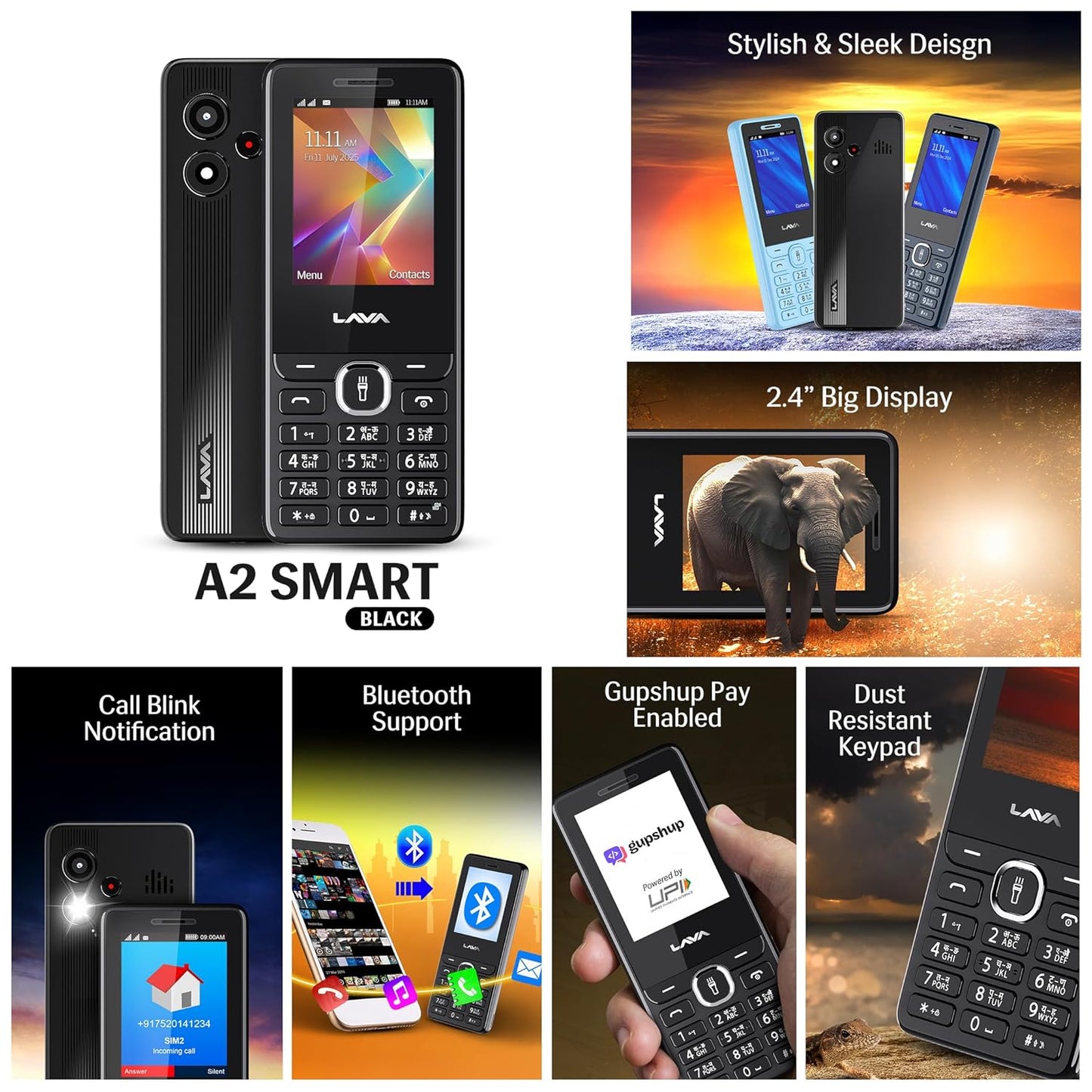 Lava A2 Smart (2025) Dual SIM Keypad Mobile with 2.4'' Big Display | UPI Support, 1200mAh Battery | BT Feature | Camera | Auto Call Recording | and 9 Regional Languages - Black