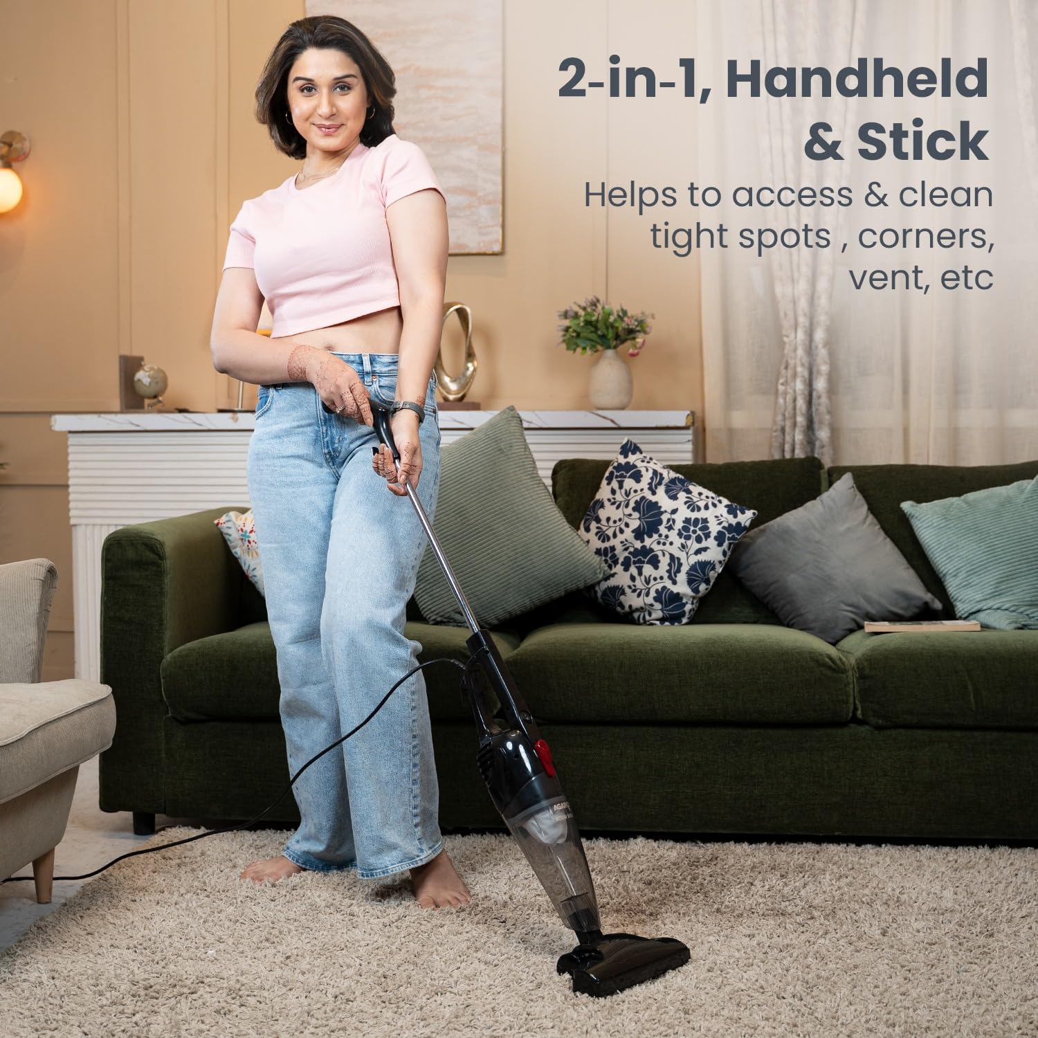 AGARO Regal Plus Upright Vacuum Cleaner, 2-in-1, Handheld & Stick, Dry Vacuuming, for Home Use, 800 Watts, 6.5 kPa Suction Power, Bagless, Black