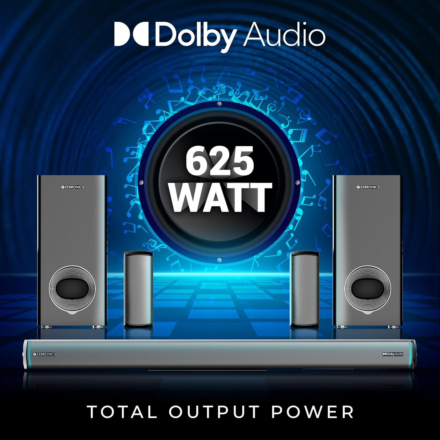 ZEBRONICS Juke bar 9550 pro 5.2 Soundbar (625 Watts), Dolby Audio, Dual Wireless Subwoofer & Wired Satellite, BT v5.3, HDMI ARC, Optical, Powerful Bass, RGB LED Lights, Wall Mountable, Silver