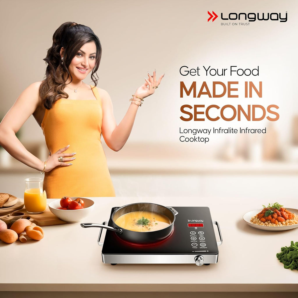 Longway Infralite Pro ICT 2200 W Infrared Induction Cooktop with Free Stainless Steel Grill | Auto Shut Off & Overheat Protection (Black, Touch Control)