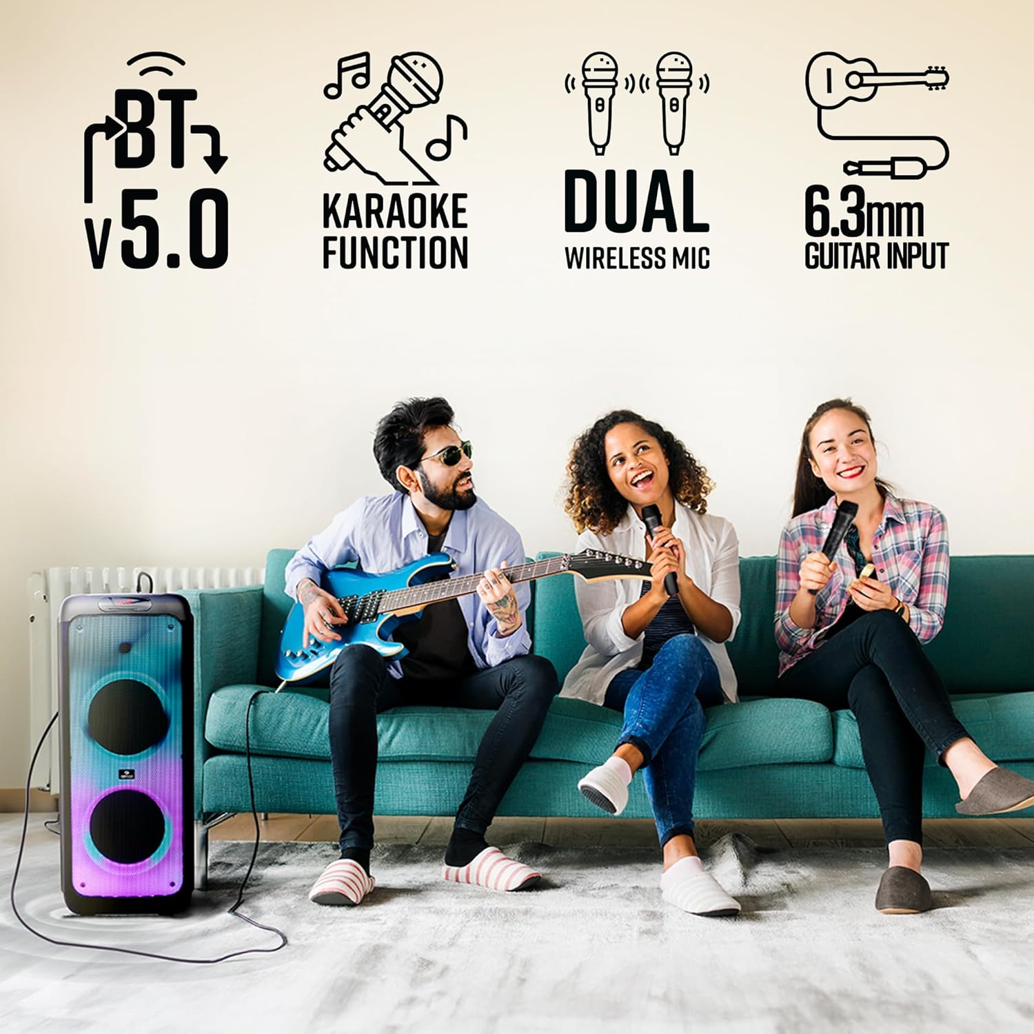 ZEBRONICS 120 Watts Party Speaker with 2 Wireless Mic, 7 hrs Playtime, Karaoke & Recording Function, Type-C Charging, TWS, Bluetooth, USB, AUX, mSD, RGB Modes (Thump 700)