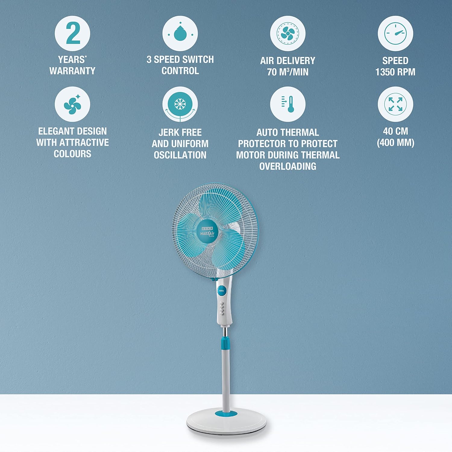 USHA Maxx Air Ultra Pedestal Fan | 400MM Sweep Size | 1350 RPM | Aerodynamic Blade Design for High Air Delivery | Anti - Rust Protection | Copper Motor | Light Blue