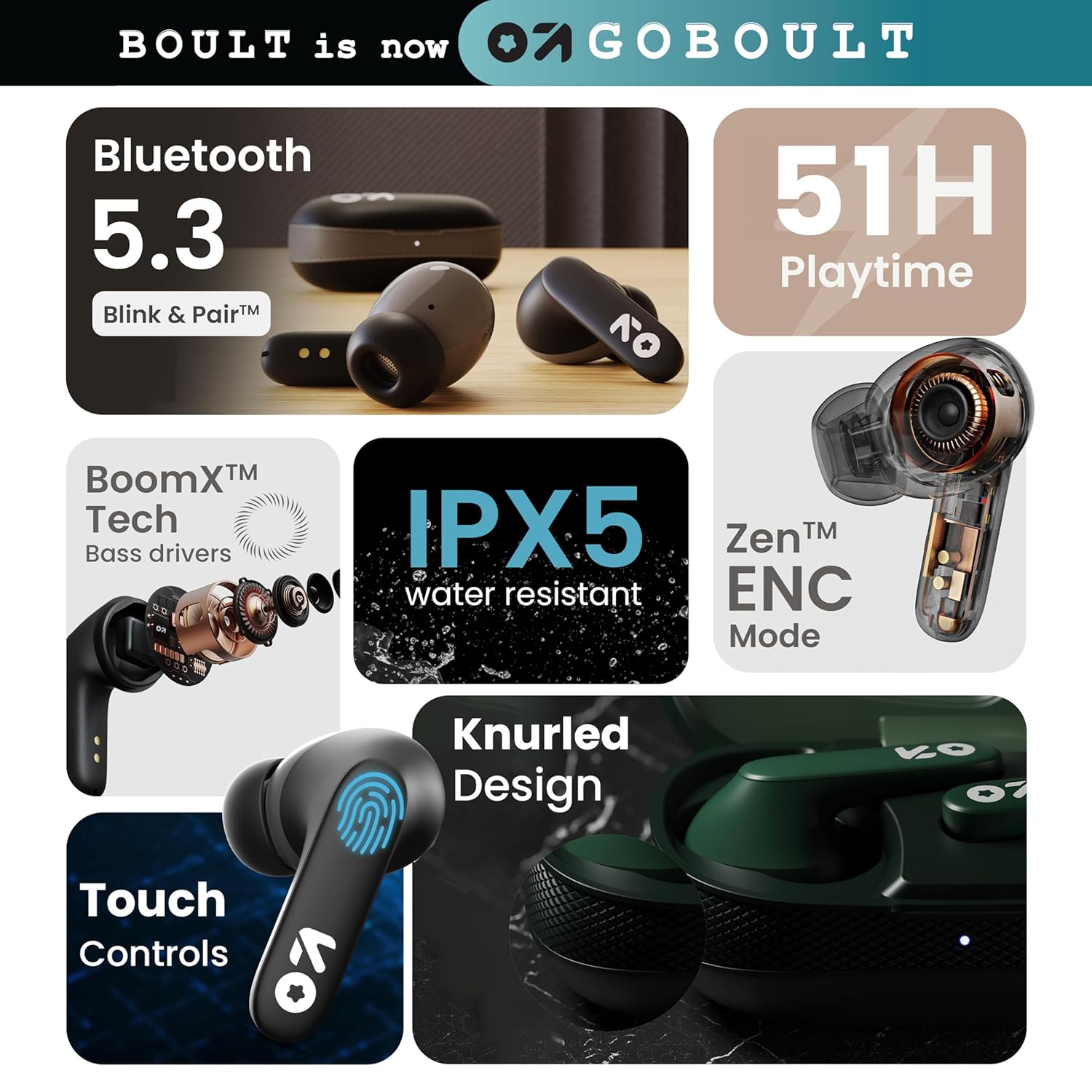 Boult GOBOULT Z20 Truly Wireless Bluetooth Ear Buds with 51H Playtime,Zen Calling ENC Mic,Made in India,Low Latency Gaming,Touch Controls,Rich Bass Drivers,TWS Earbuds Bluetooth Wireless(Jet Black)