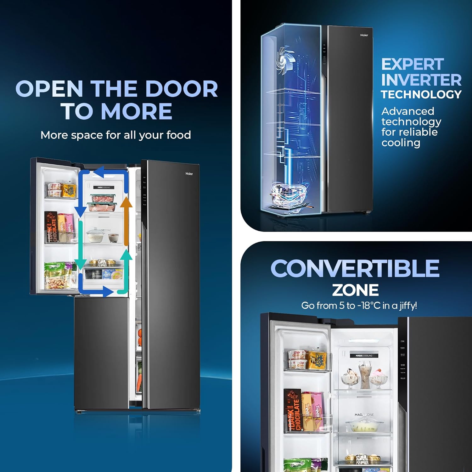 Haier 598L 3 Star 3-Door Side by Side Frost Free Refrigerator | Expert Inverter Technology | Digital Display Panel | Jumbo Ice Maker | Deo Fresh Technology (HRT-683GK, Graphite Black)