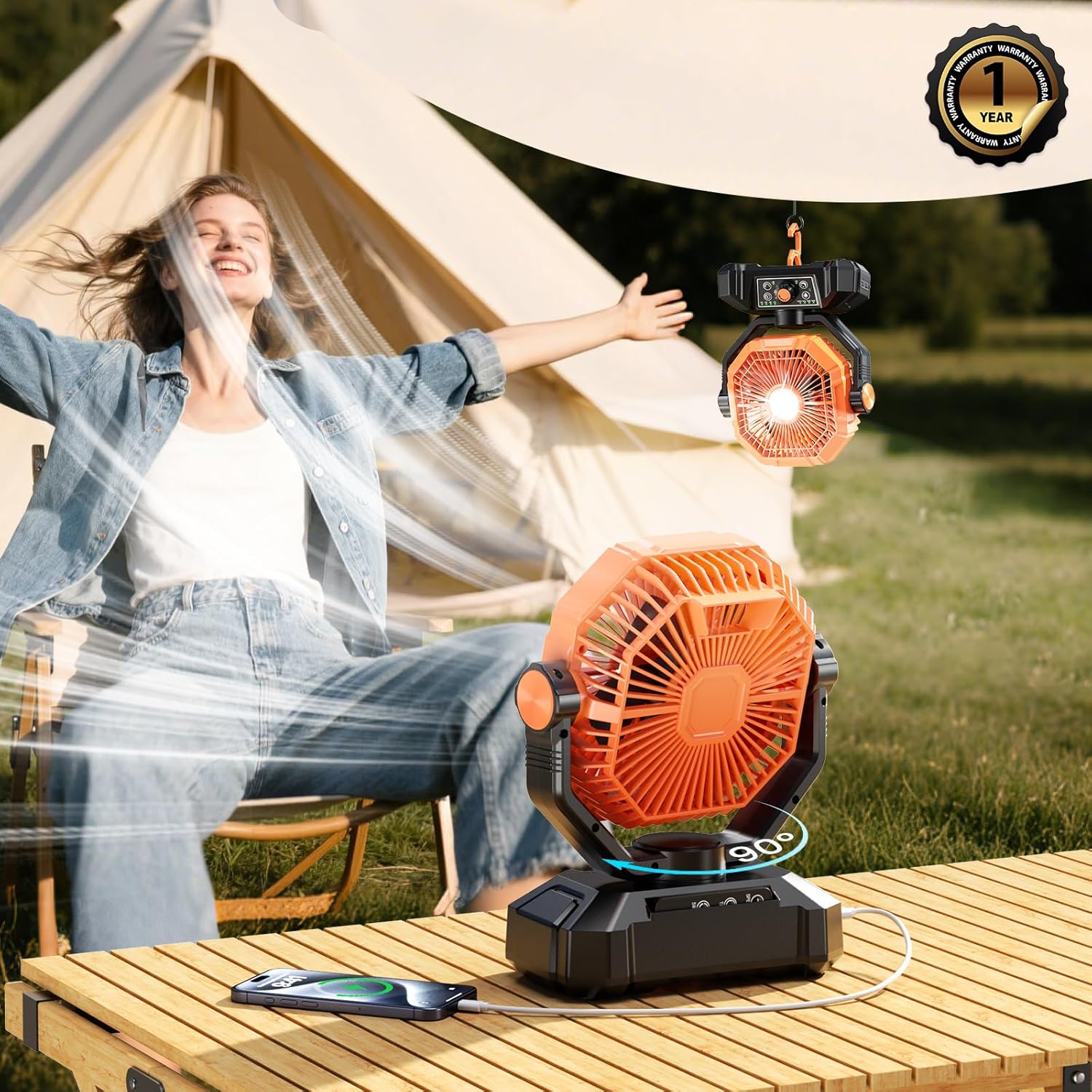 Tuarso 20000mAh Rechargeable Portable Fan for Home with LED Emergency Light, Battery Table Fan Rechargeable Big Size with Remote Control 8 High Speeds Wind, Kitchen Fans for Cooking Orange