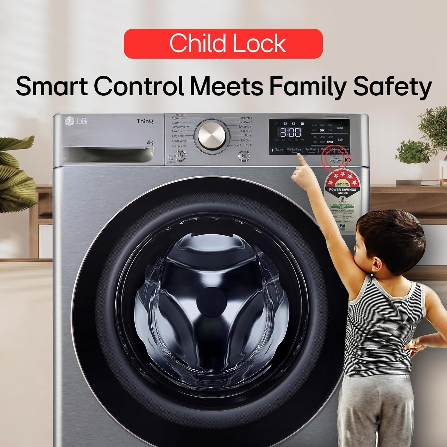 LG 9 Kg, 5 Star, AI Direct Drive Technology, Wi-Fi, Steam+ with Wrinkle Care, Fully Automatic Front-Loading Washing Machine (FHP1209Z7P, Intelligent & Convenient Fabric Care, Allergy Care, Platinum)