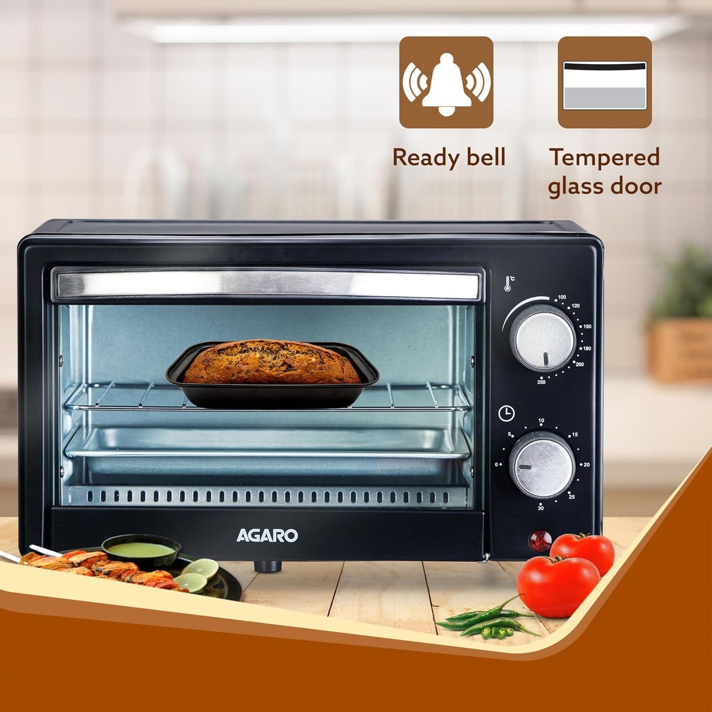 AGARO Marvel 9 Litre OTG, With Auto Shut-off, Timer Control, Heat Resistant Tempered Glass, Oven Toaster Griller for Cake Baking, Grilling, Toasting, OTG 800W (Black)