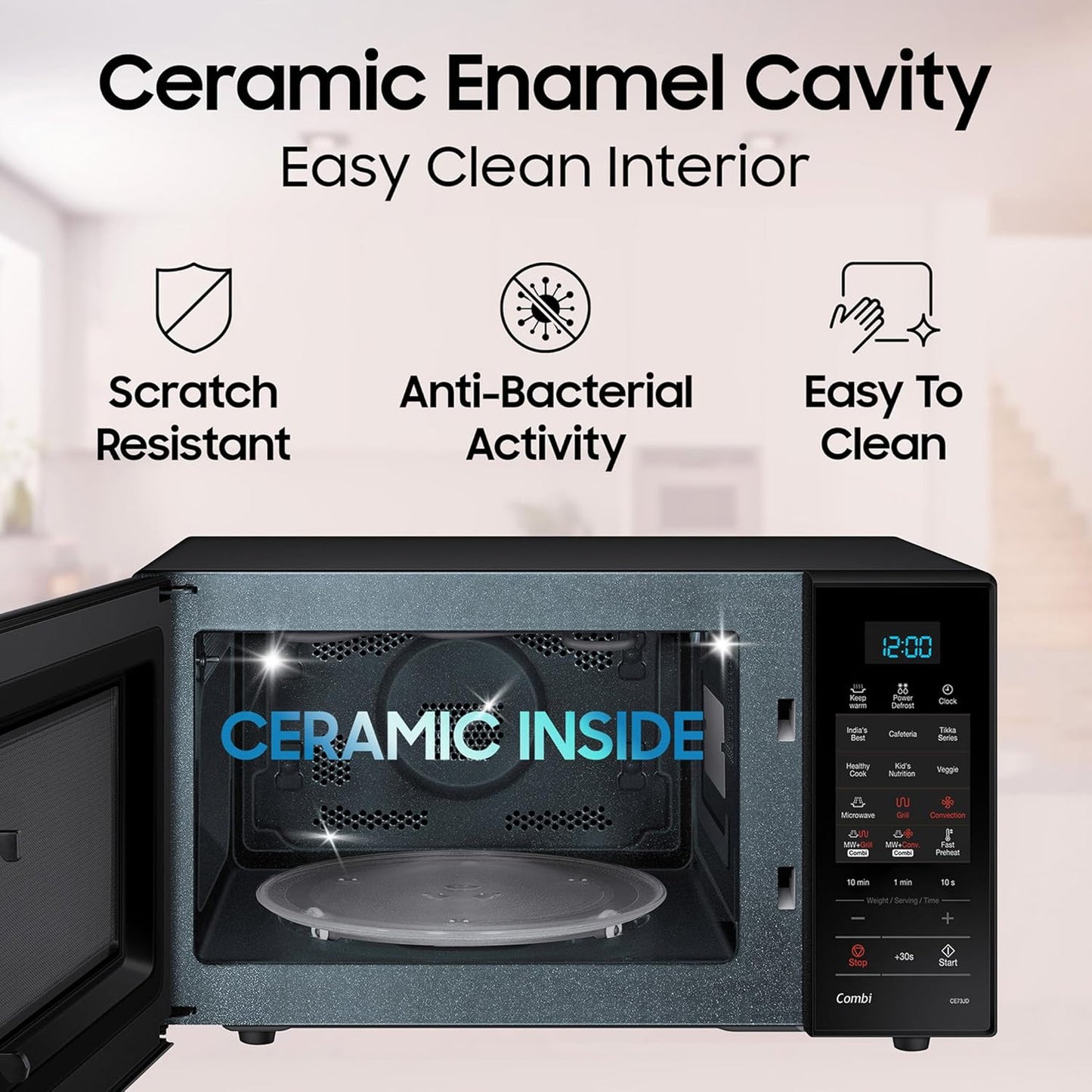 Samsung 21 L, Convection Microwave Oven (CE73JD-B1/XTL, Black, Various Cooking Modes, Pre heat, Eco Mode, Power Defrost, Auto Cook, Wire Rack, Ceramic Enamel Cavity with 10 year warranty)