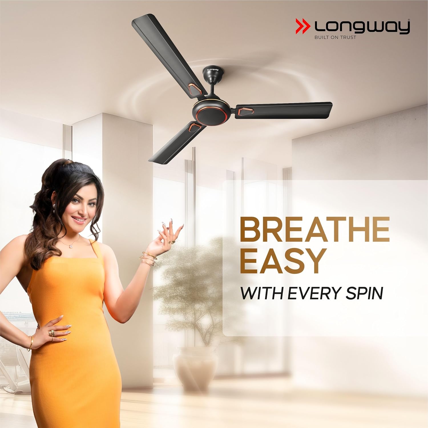 LONGWAY Kiger P2 1200 mm/48 inch Ultra High Speed 3 Blade Anti-Dust Decorative Star Rated Ceiling Fan (Smoked Brown, Pack of 2)