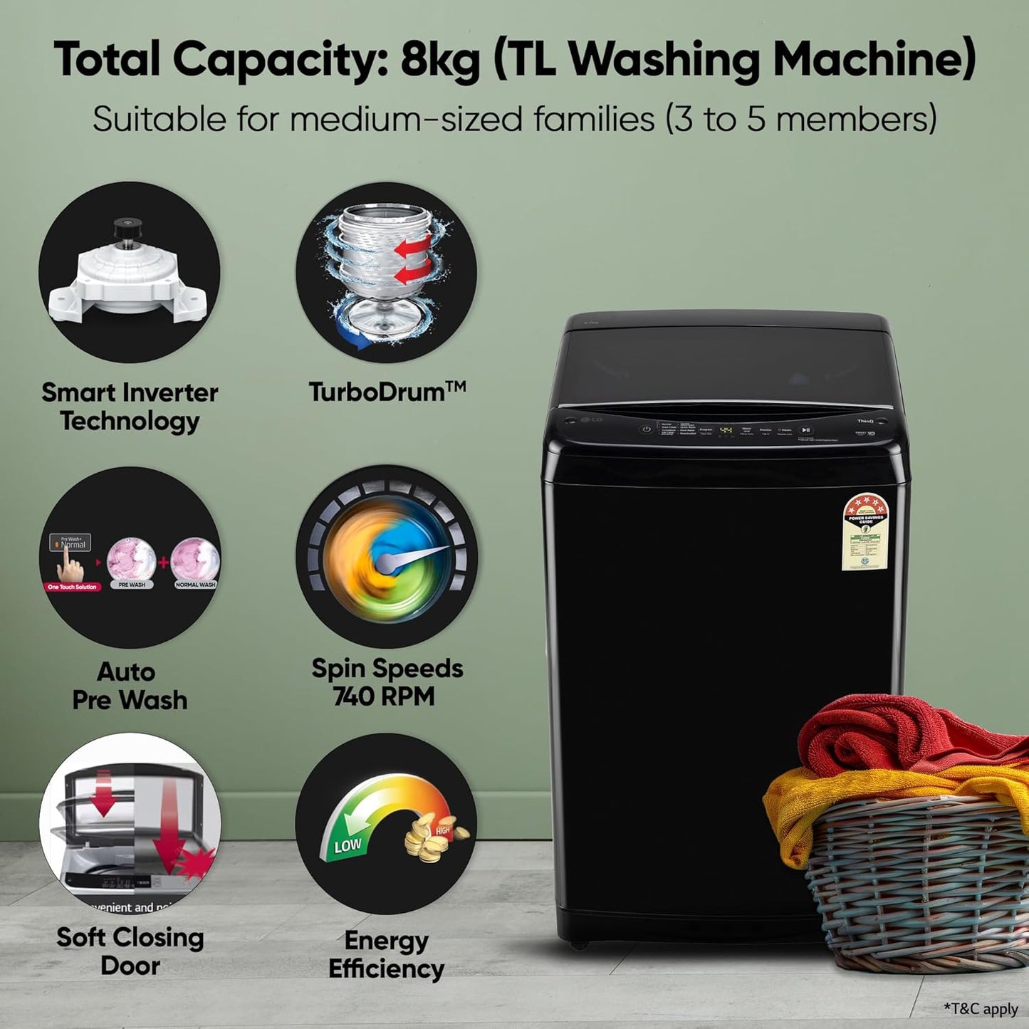 LG 8 Kg, 5 Star, Smart Inverter Technology, Wi-Fi, Turbowash, Fully Automatic Top Load Washing Machine With In-built heater (T80V4OB1S, Turbodrum, Stain Clean, Hard Water Wash & Jetspray+, Onyx Black)