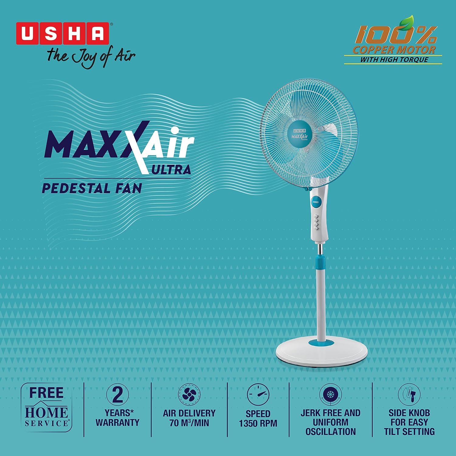 USHA Maxx Air Ultra Pedestal Fan | 400MM Sweep Size | 1350 RPM | Aerodynamic Blade Design for High Air Delivery | Anti - Rust Protection | Copper Motor | Light Blue