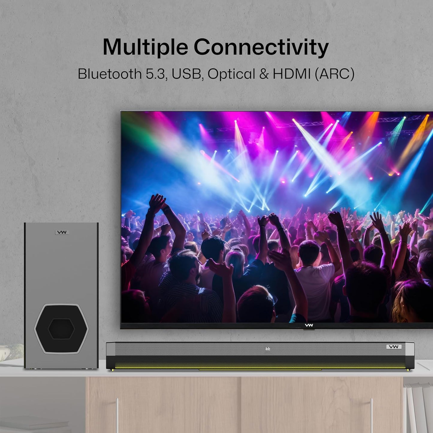 VW Hunter Bar | 160W Soundbar | 2.1 Channel Home Theatre | Deep Bass from 6.5” Subwoofer | Multiple Connectivity | 4 EQ Modes | Sleek Remote & LED Light (Black)