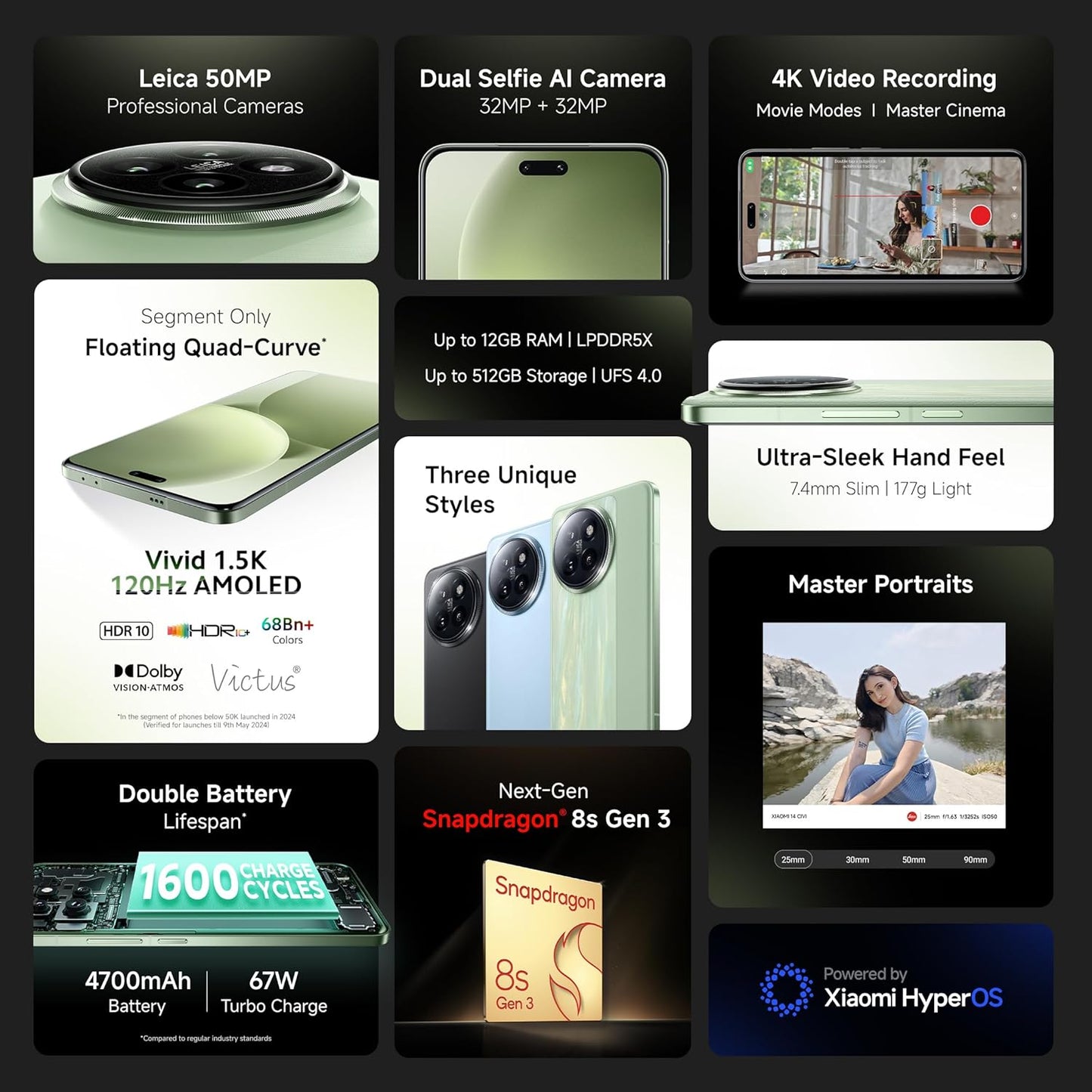 Xiaomi 14 CIVI (Shadow Black, 8GB RAM, 256GB Storage)