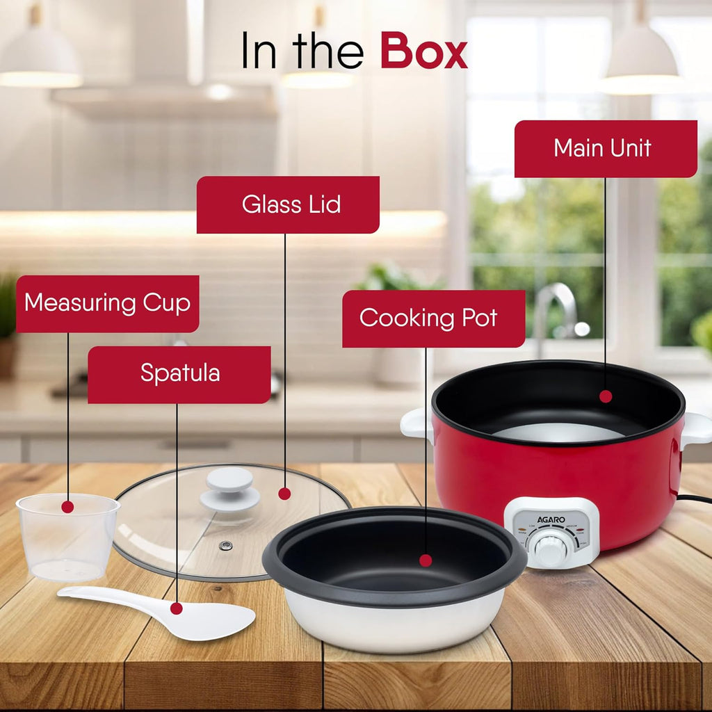 AGARO Regal Electric Multi Cooking Pot, 3L, 1200W, Steamer, Fryer, Aluminium Pot, Glass Lid, Adjustable Temperature Control, Rice, Veggies, Red.