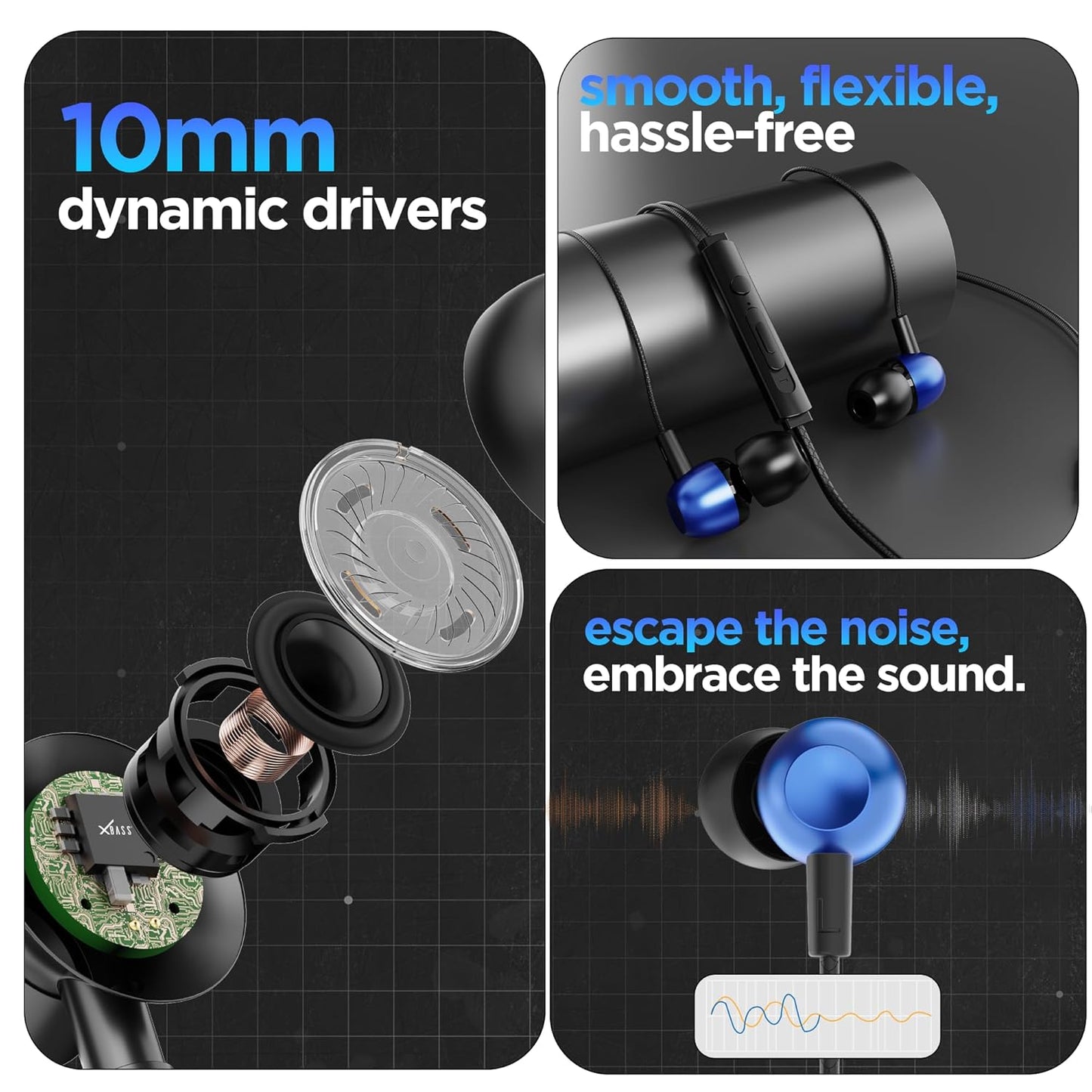 Dubstep Squad M11 with X-Bass Technology, 10mm Dynamic Drivers, Inline Control, Type-C Earphones with Mic (Blue & Black)